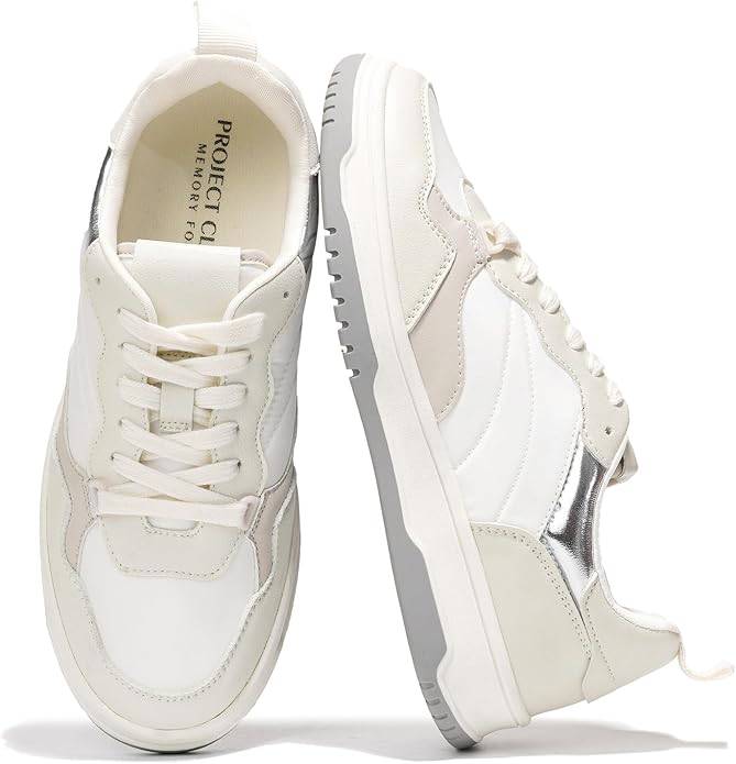 Project Cloud Kiki Women's Sneakers, white vegan leather, memory foam, lace-up design, comfortable and stylish footwear.