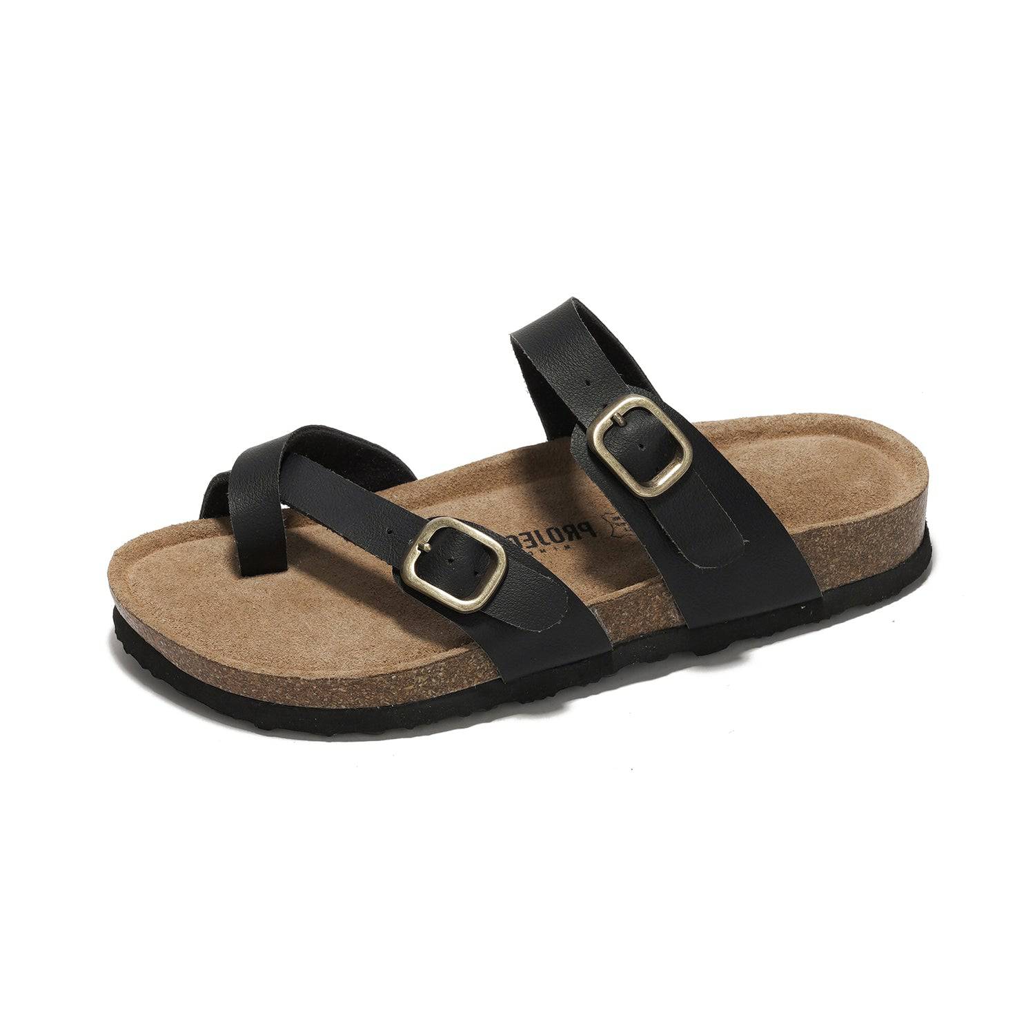 Project Cloud Lian Black Leather Sandals with Cork Footbed for Women, summer footwear