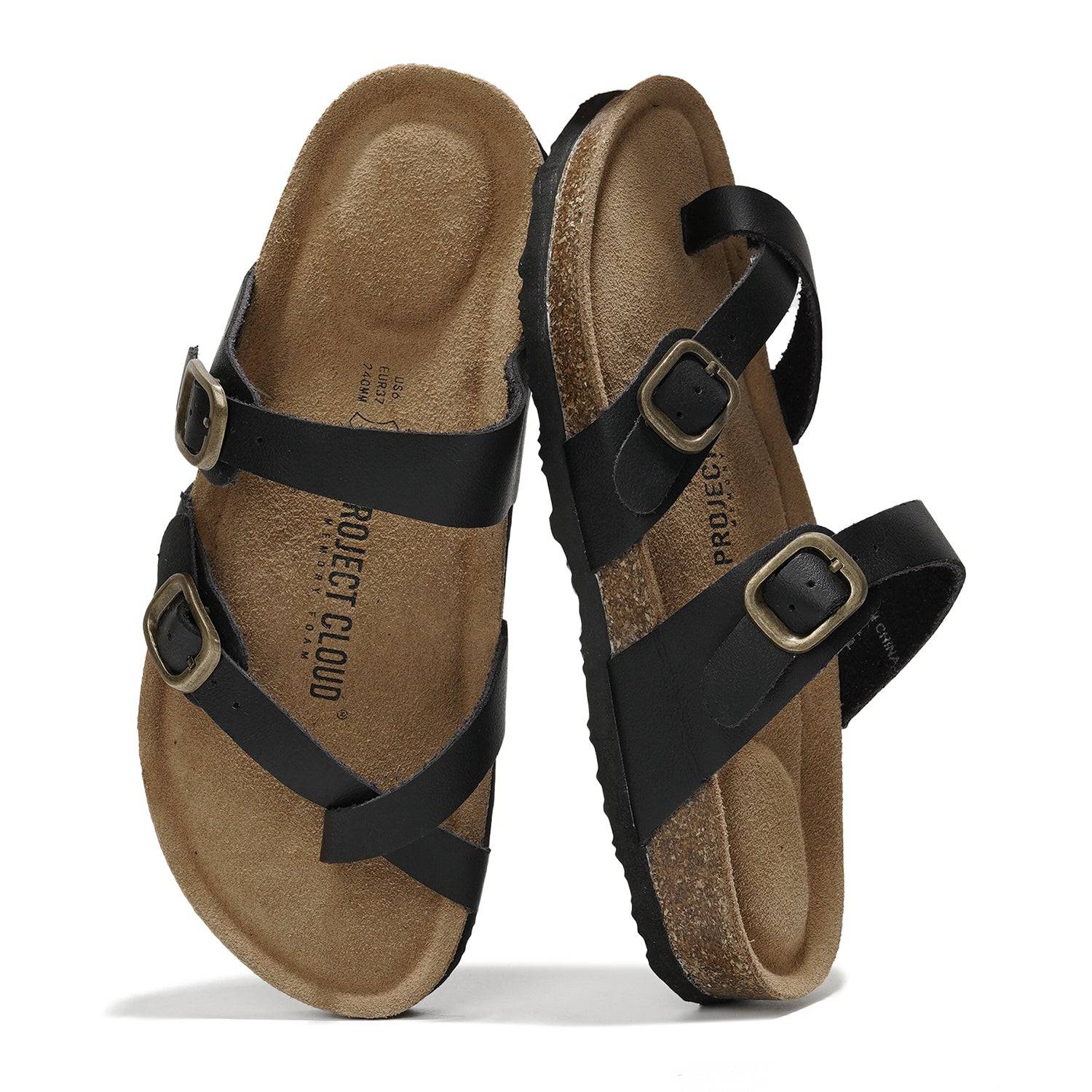 Project Cloud Lian Black Leather Sandals with Cork Footbed, Women's summer sandals with buckle details.