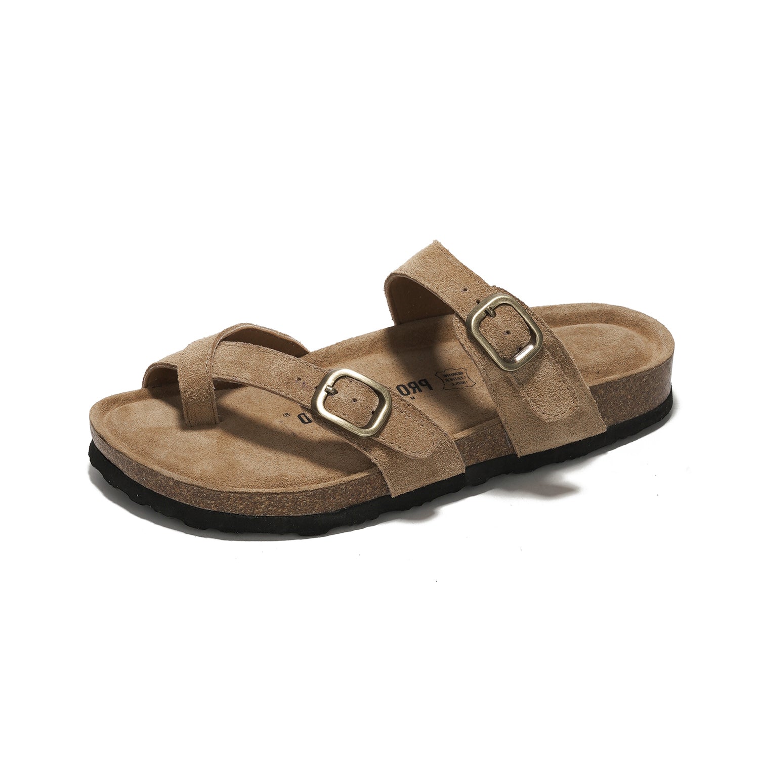 Project Cloud Lian Women's suede sandals with cork footbed and buckle details. Comfortable summer footwear.
