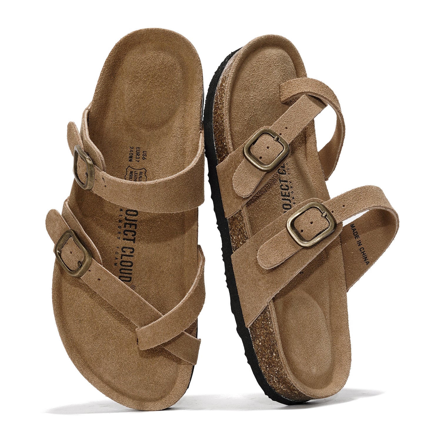 Project Cloud Lian Sandal in Taupe. Genuine suede leather sandals with cork footbed and buckle details.