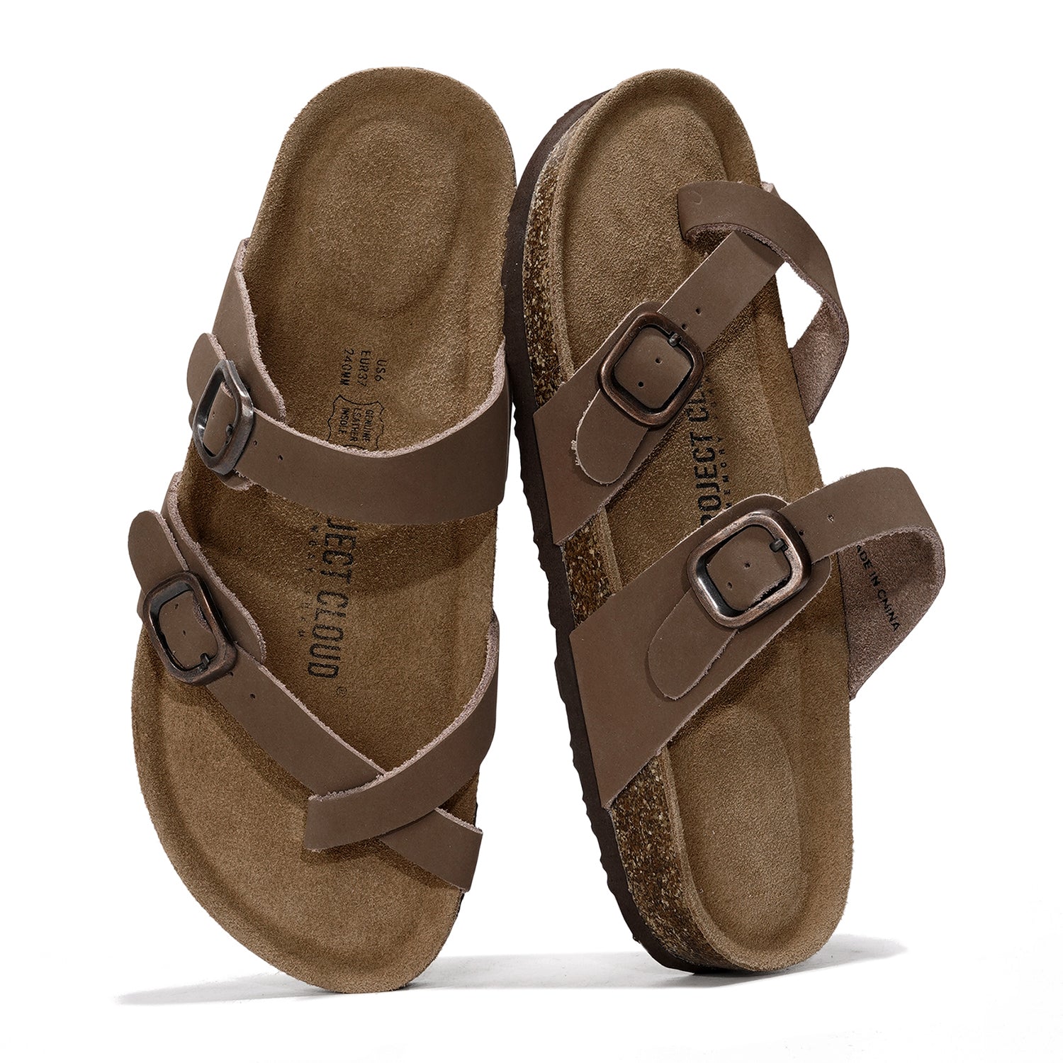 Project Cloud Lian brown leather sandals with cork footbed and buckle details, comfortable summer footwear for women.