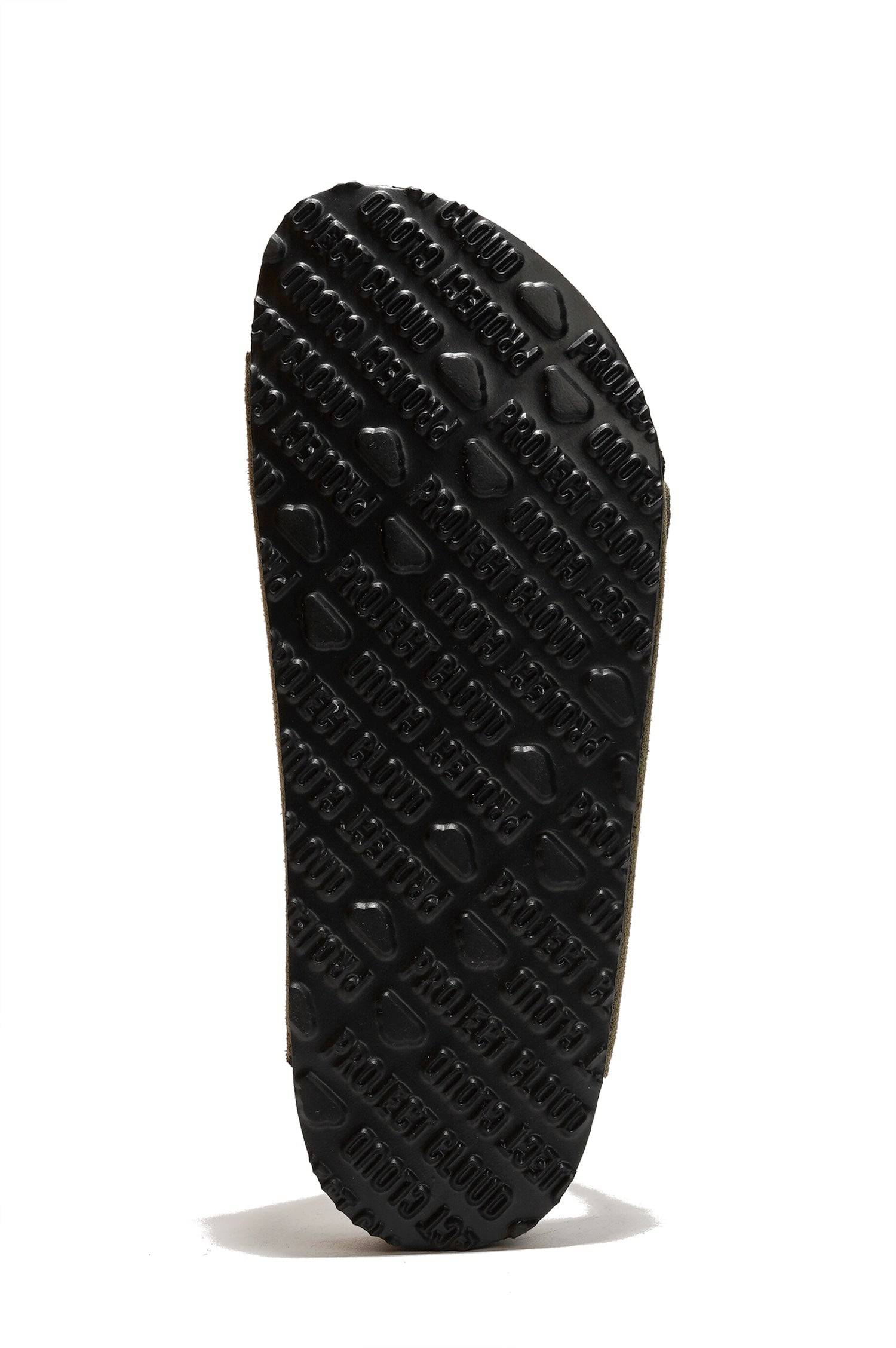 Project Cloud Lian sandals sole, black rubber sole with embossed logo, and cork footbed. Comfortable summer footwear.
