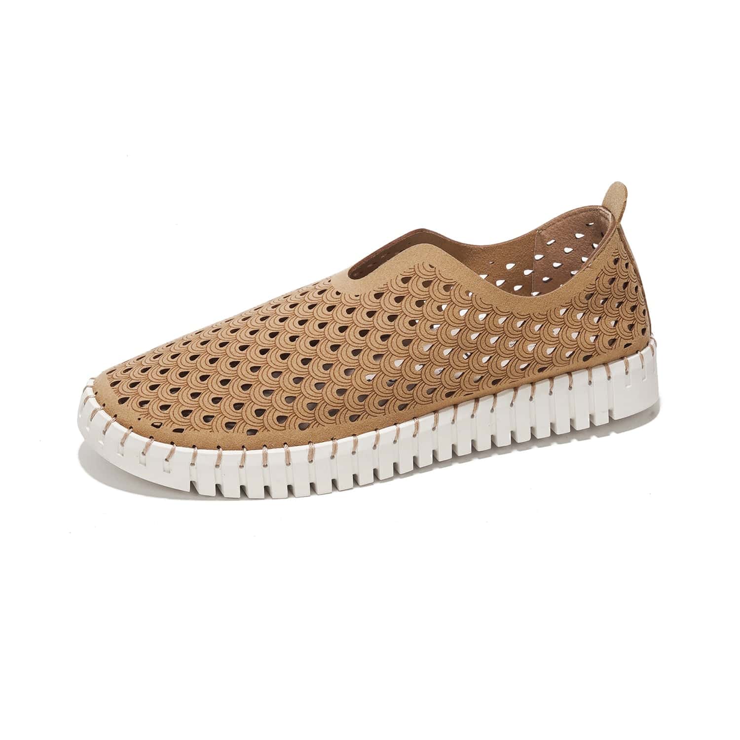 Tan Lily loafers for women with laser-cut design and white sole. Project Cloud slip-on travel shoes.