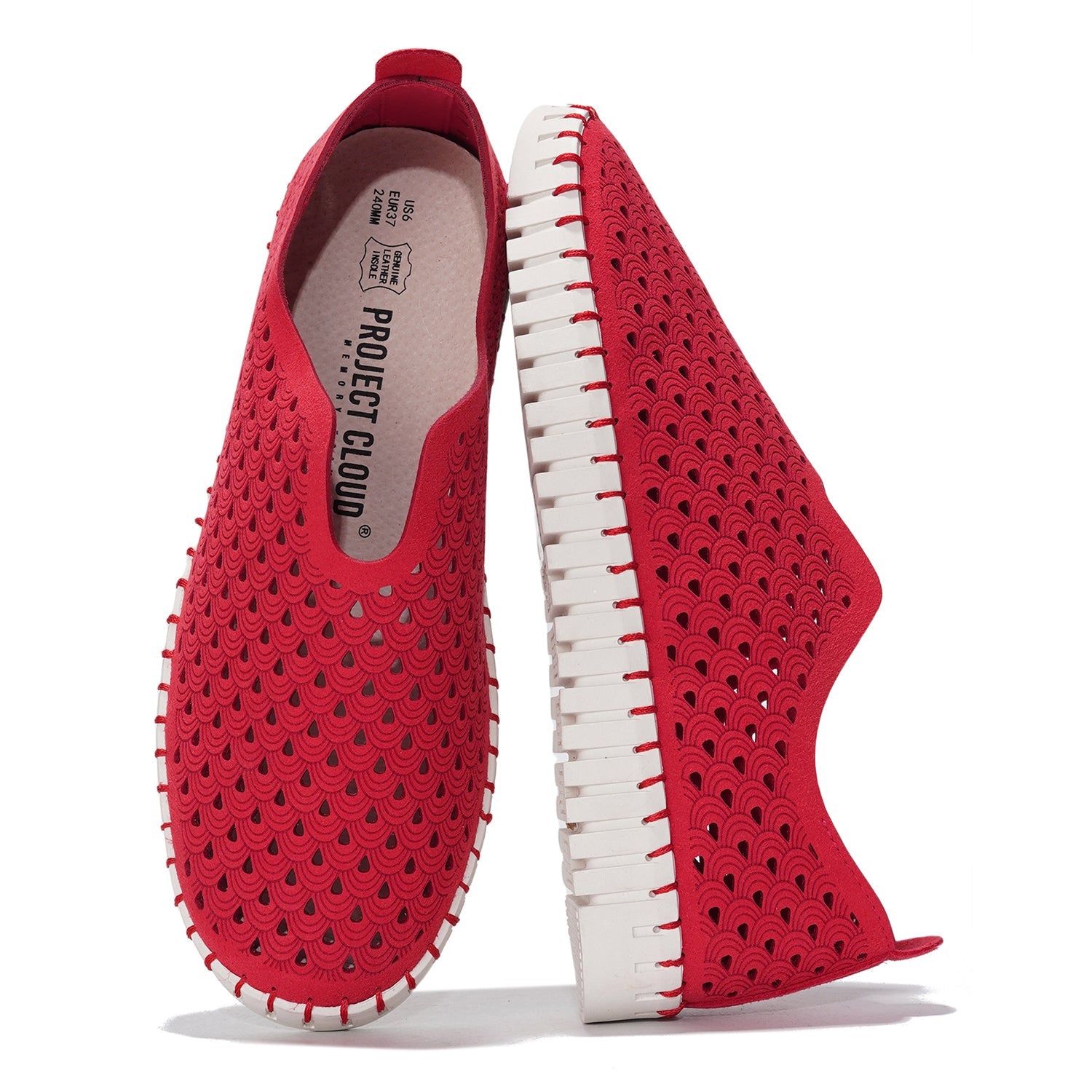 Project Cloud Lily loafers women's shoes in red, laser-cut design, leather insole, memory foam, slip-on shoes, travel shoes.