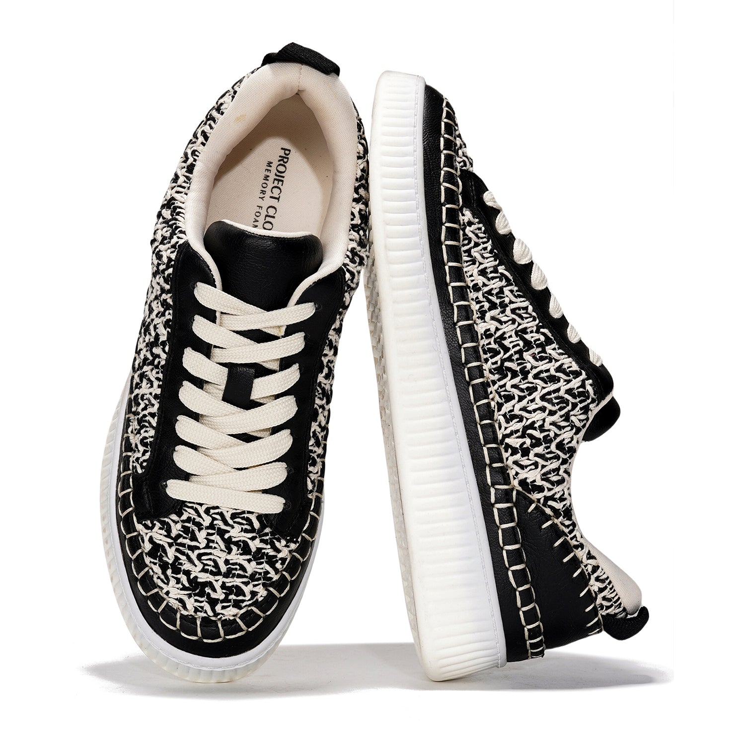 Project Cloud Lona Sneakers, black and white woven memory foam sneakers for women, non-slip sole