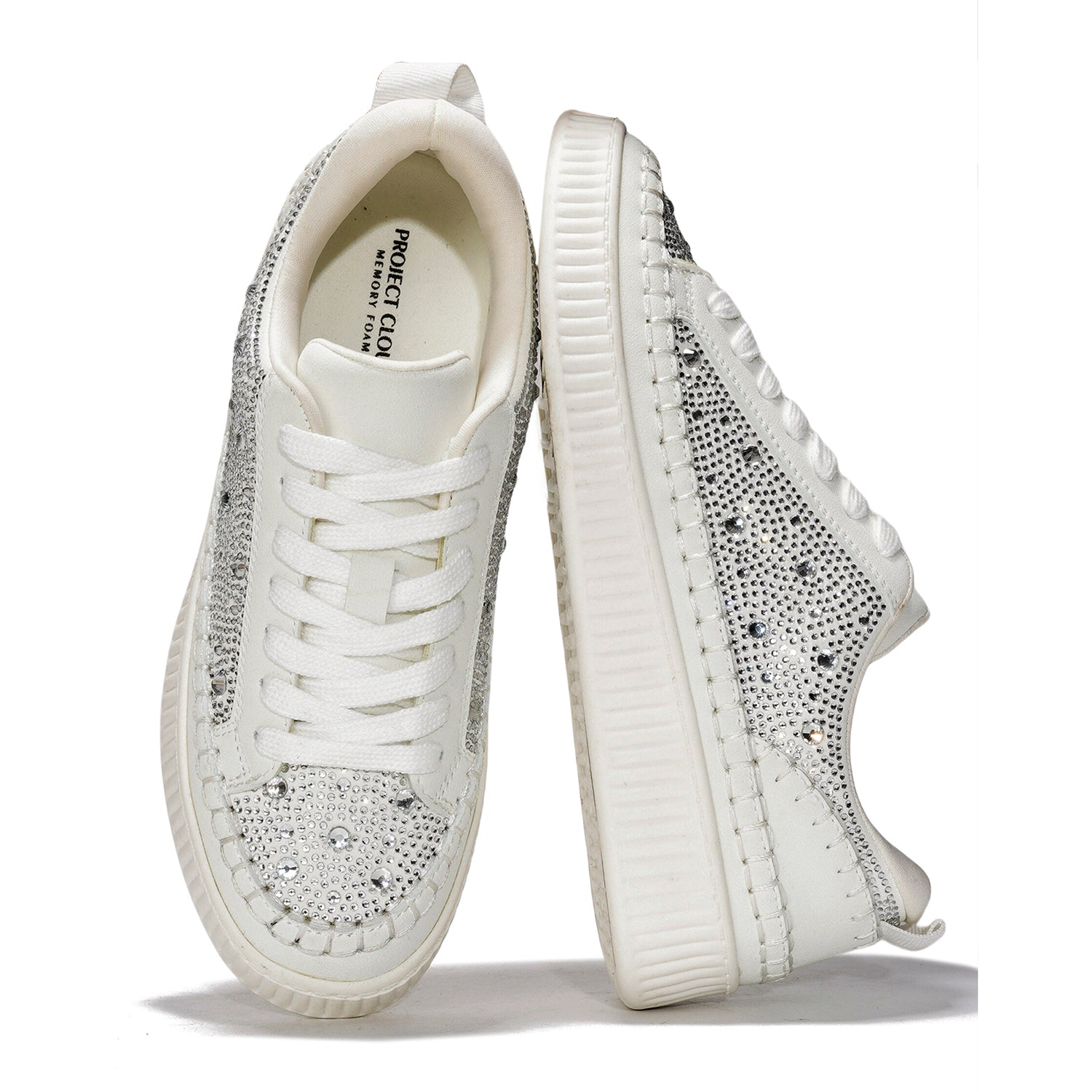Project Cloud Lona White Sneakers for Women with Rhinestone Detail, Memory Foam Shoes for Women Trendy Sneakers