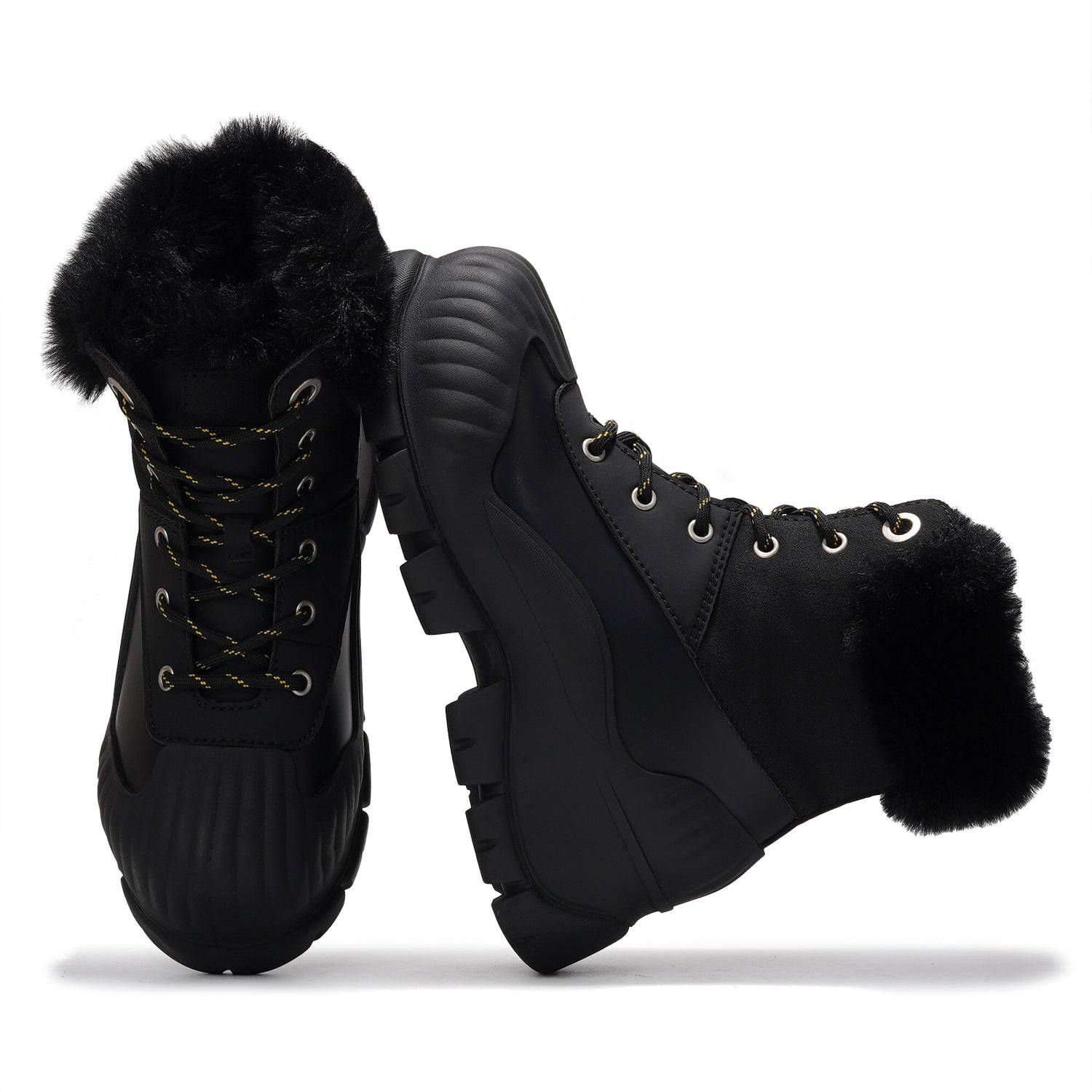 Project Cloud Lydia Winter Boots in black with faux fur trim, waterproof design, and non-slip sole.