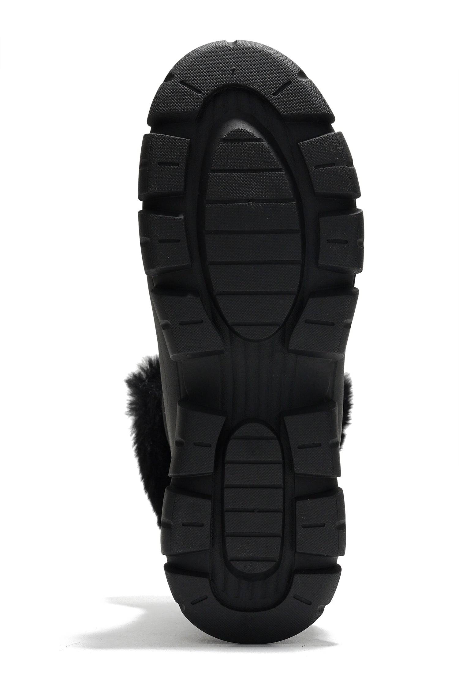 Project Cloud Lydia Winter Boots - Black waterproof boot sole with non-slip design and faux fur trim.