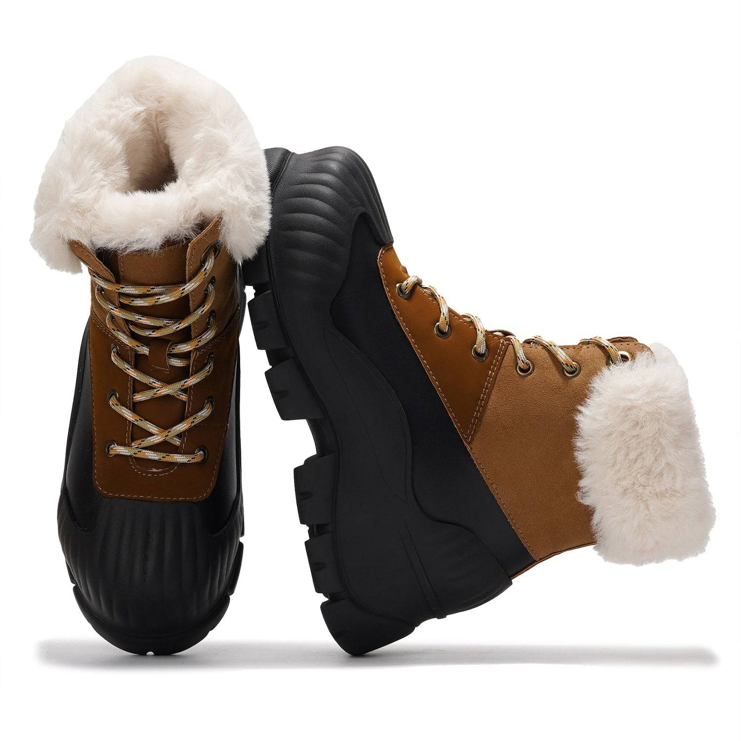 Project Cloud Lydia Winter Boots in brown suede, faux fur trim, waterproof design, and non-slip sole.