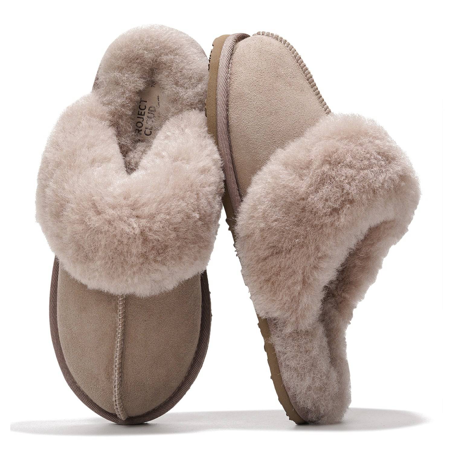 Project Cloud Lynsey slippers in beige suede with sheepskin fur lining, memory foam, and non-slip sole for ultimate comfort.