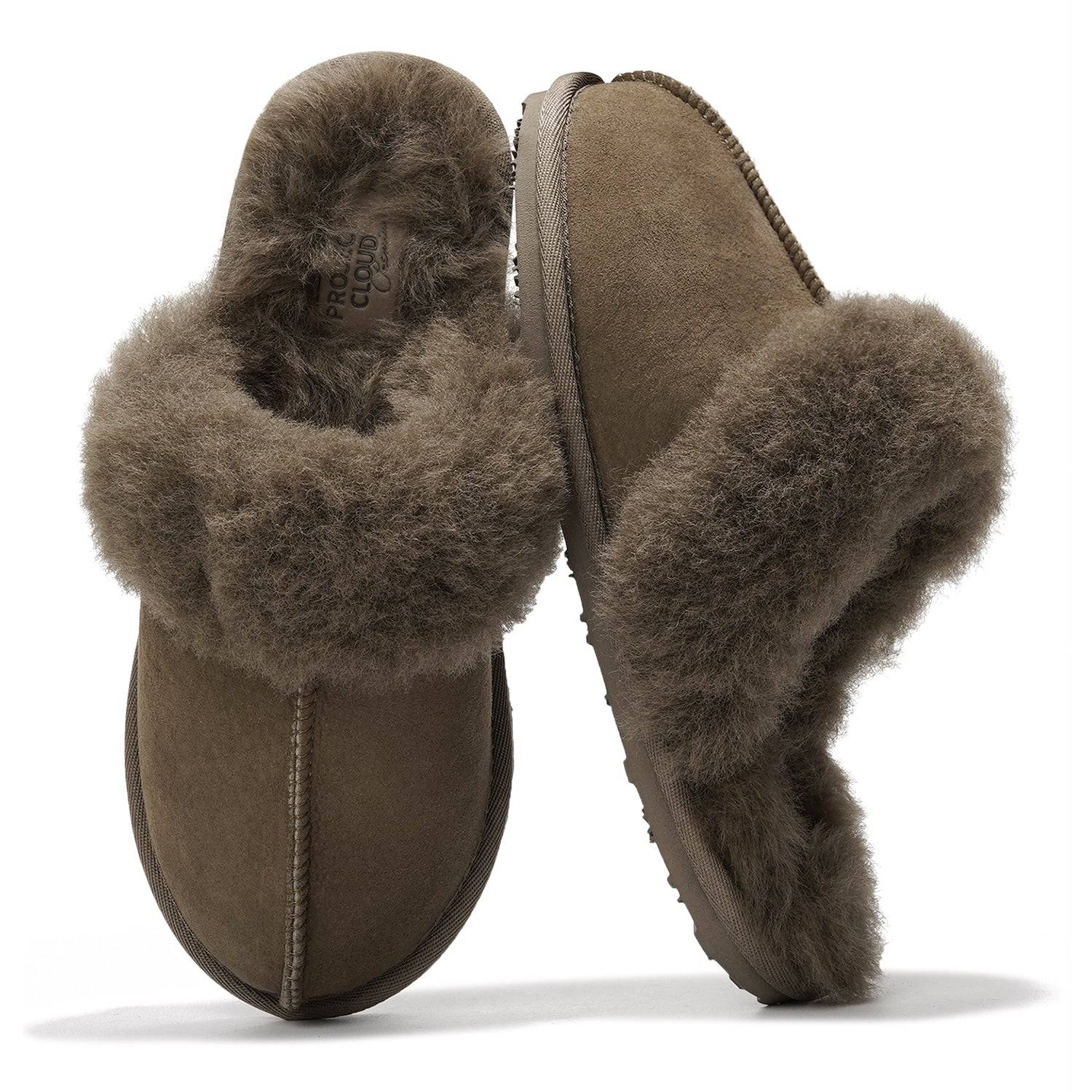 Project Cloud Lynsey slippers in brown suede with sheepskin fur lining, offering cloud-like comfort and a non-slip sole