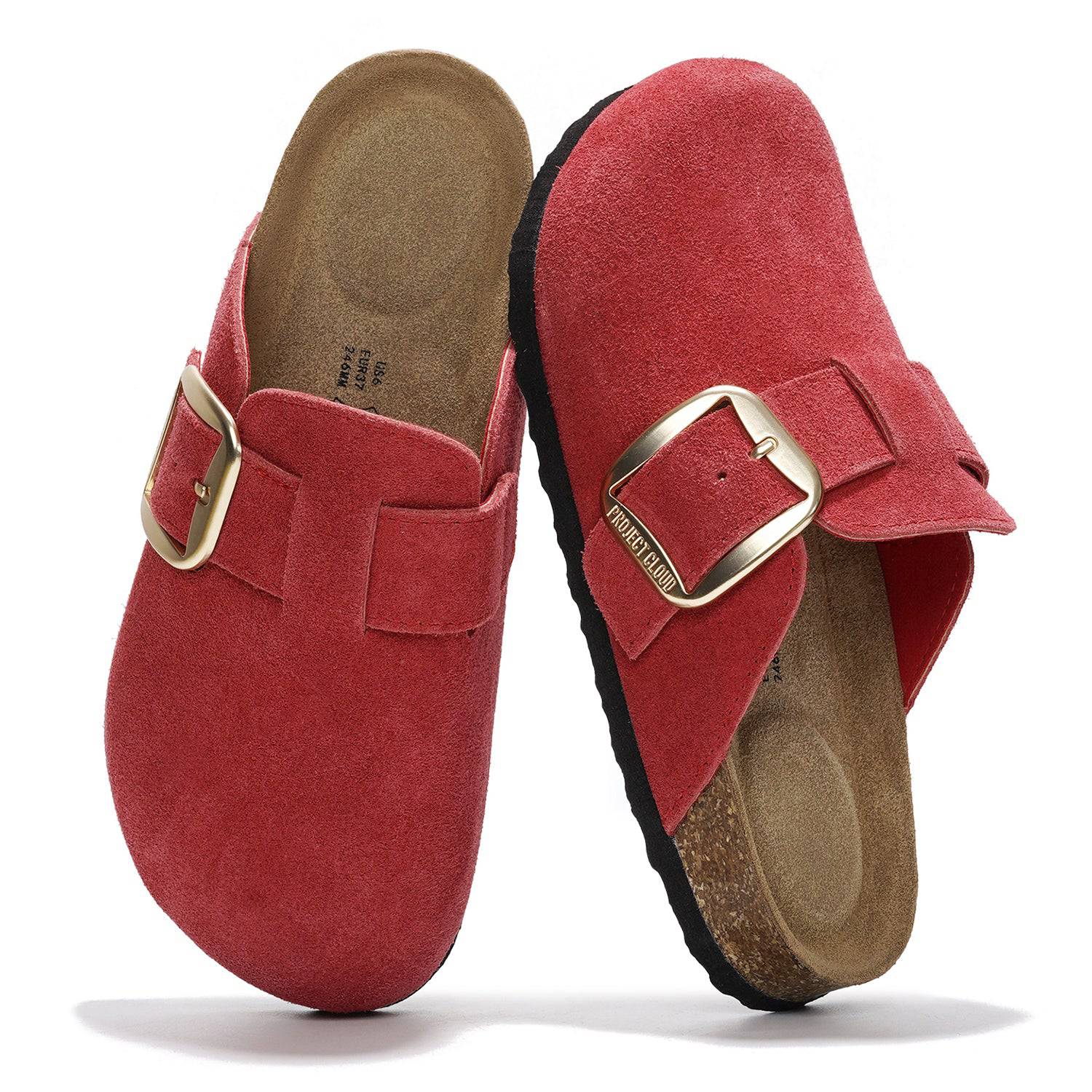 Project Cloud Manchester clogs for women in red suede with buckle detail. Features memory foam insole.