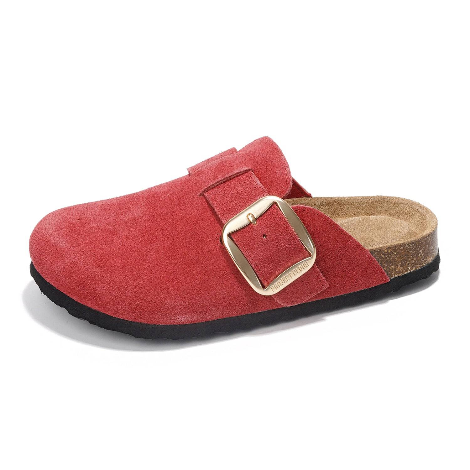 Project Cloud Manchester clogs for women in red suede with buckle detail. Featuring memory foam insole.