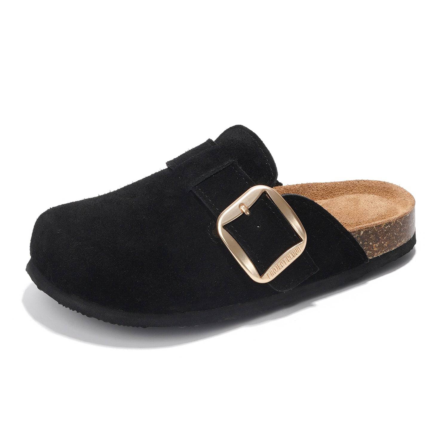 Black suede Project Cloud Manchester clogs with gold buckle and cork sole for women.
