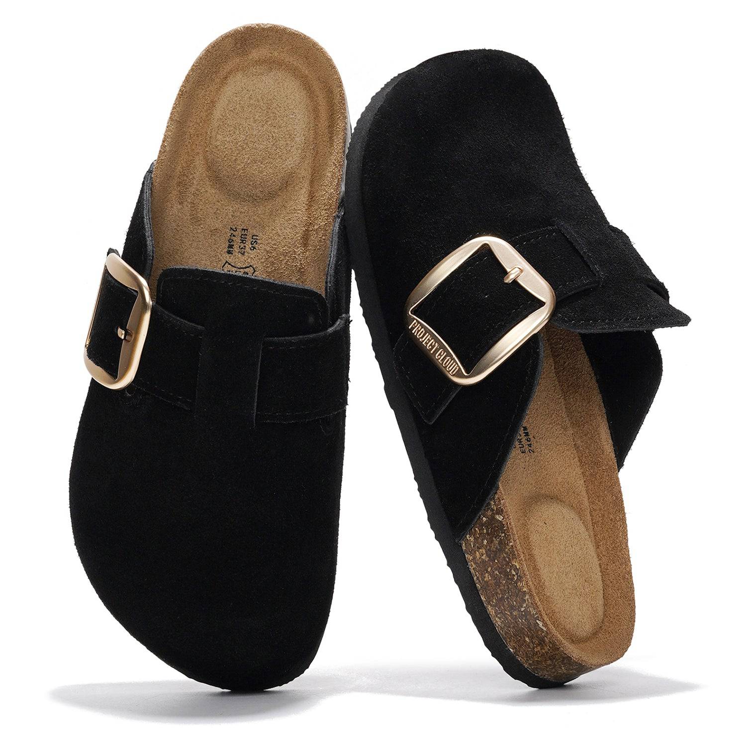 Black suede Project Cloud Manchester clogs with buckle, memory foam insole.