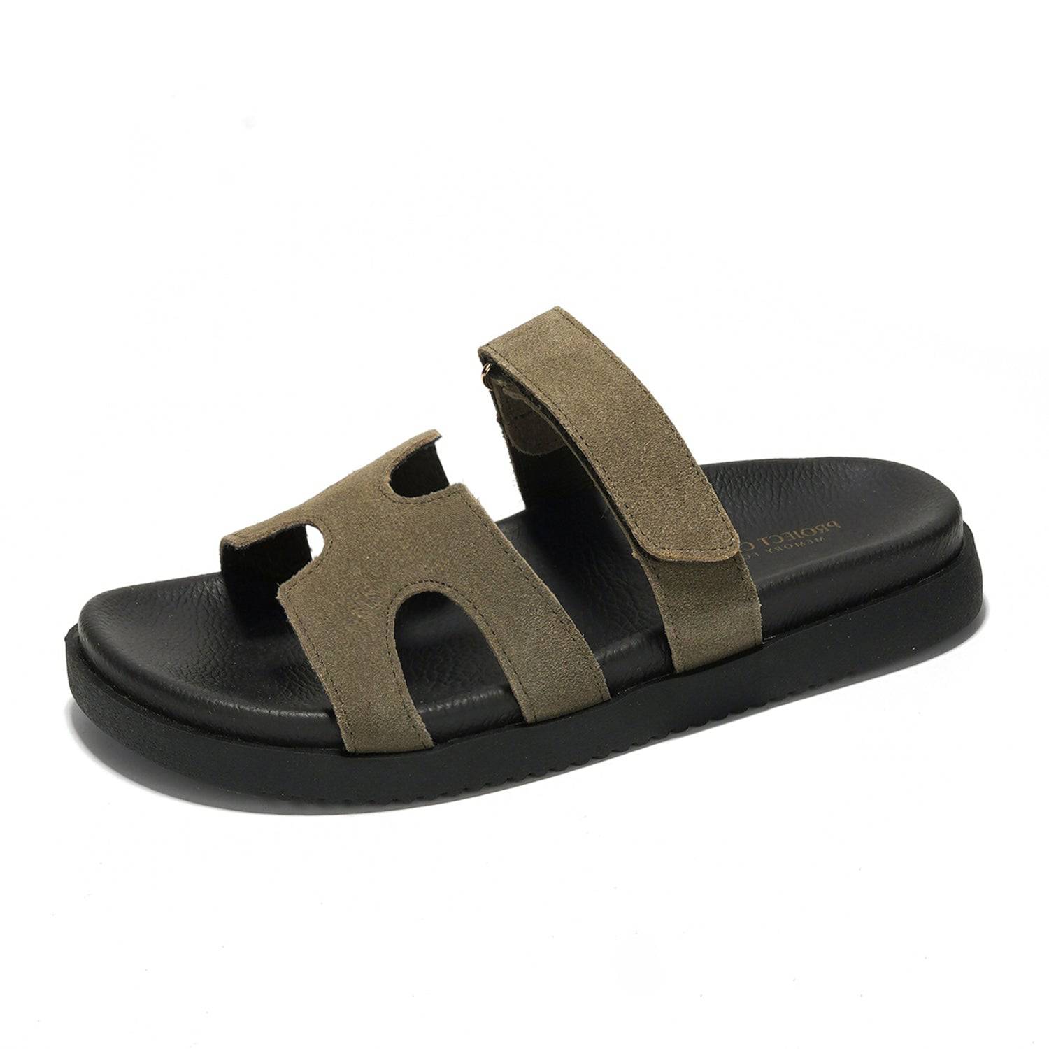 Project Cloud Mayven women's sandals in olive green suede leather, adjustable straps, black sole, comfy platform sandals