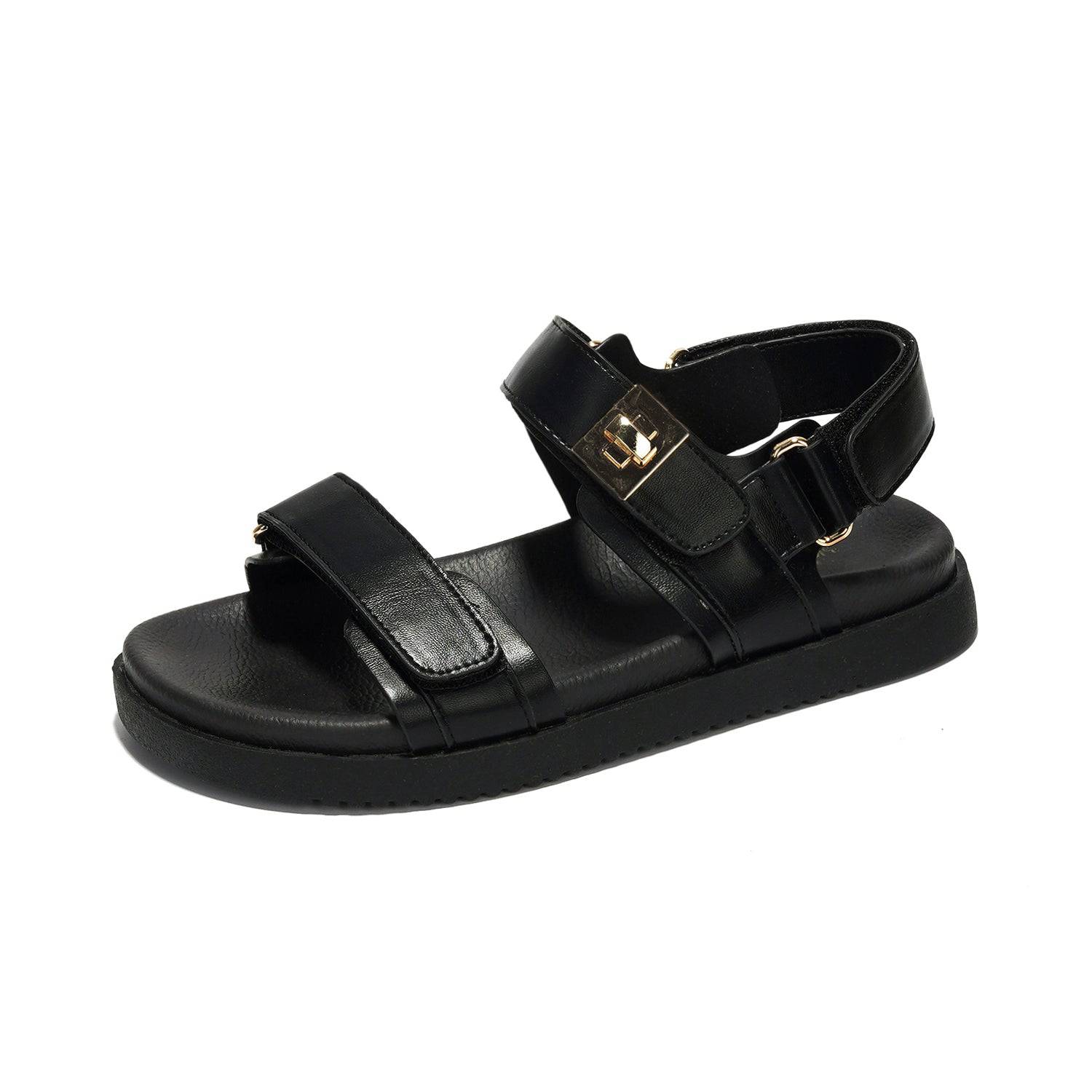 Project Cloud Mona black leather platform sandals with adjustable straps and gold hardware