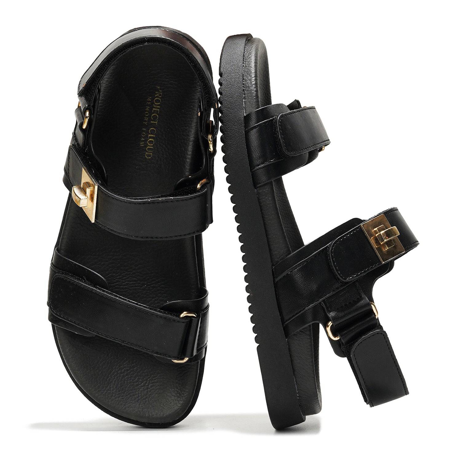 Project Cloud Mona black leather sandals, adjustable straps, memory foam footbed