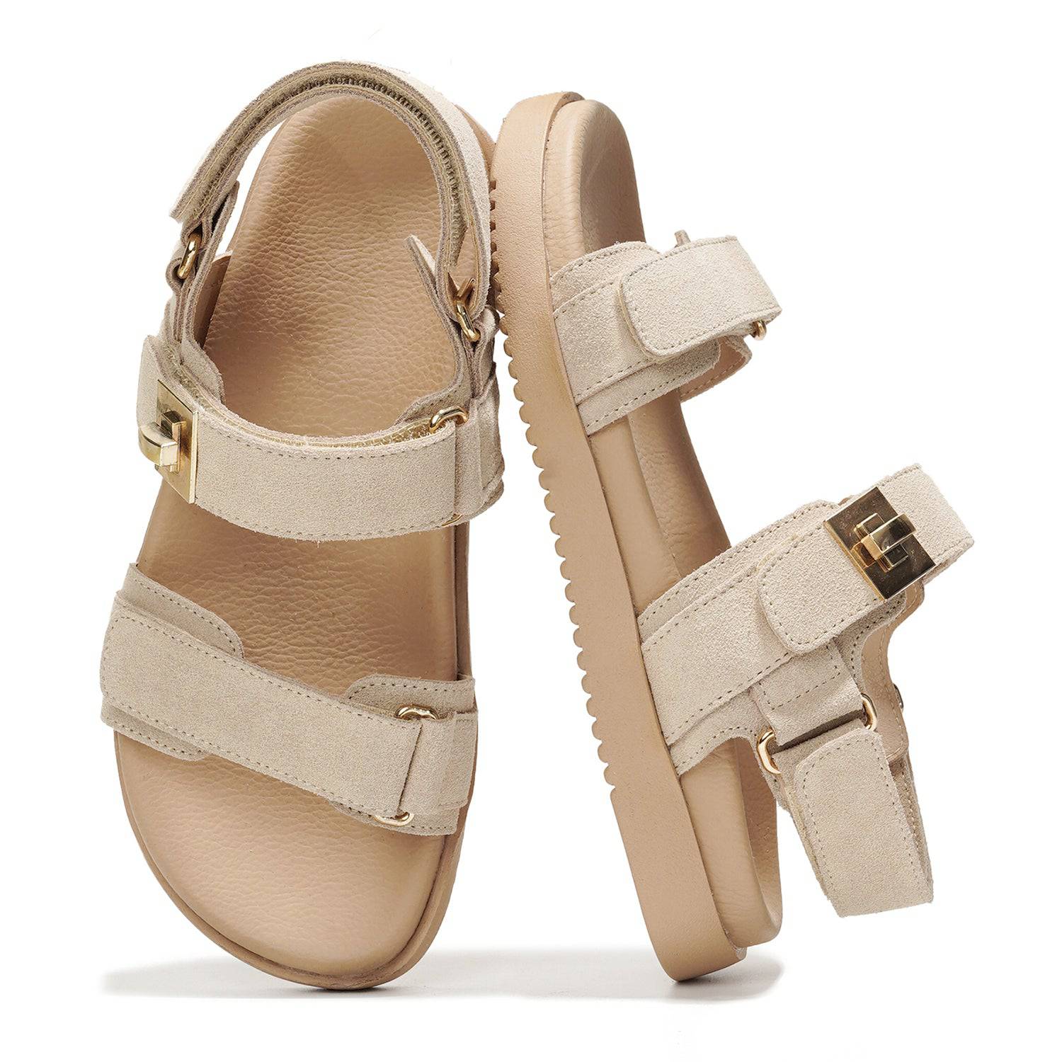 Project Cloud Mona beige leather women's sandals with adjustable straps, memory foam footbed, and gold hardware.