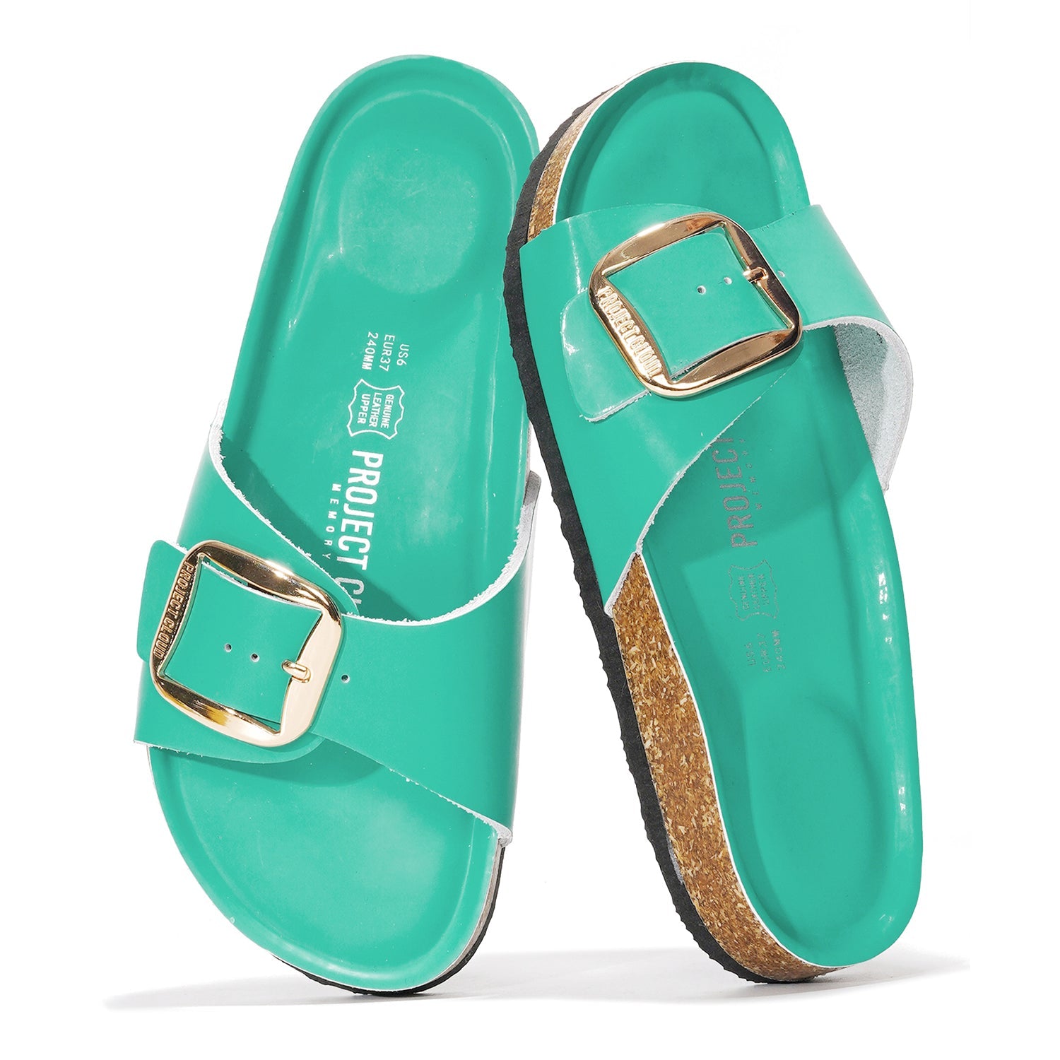 Project Cloud Mykonos leather sandals in teal green with gold buckle, cork footbed, ideal for summer beach wear