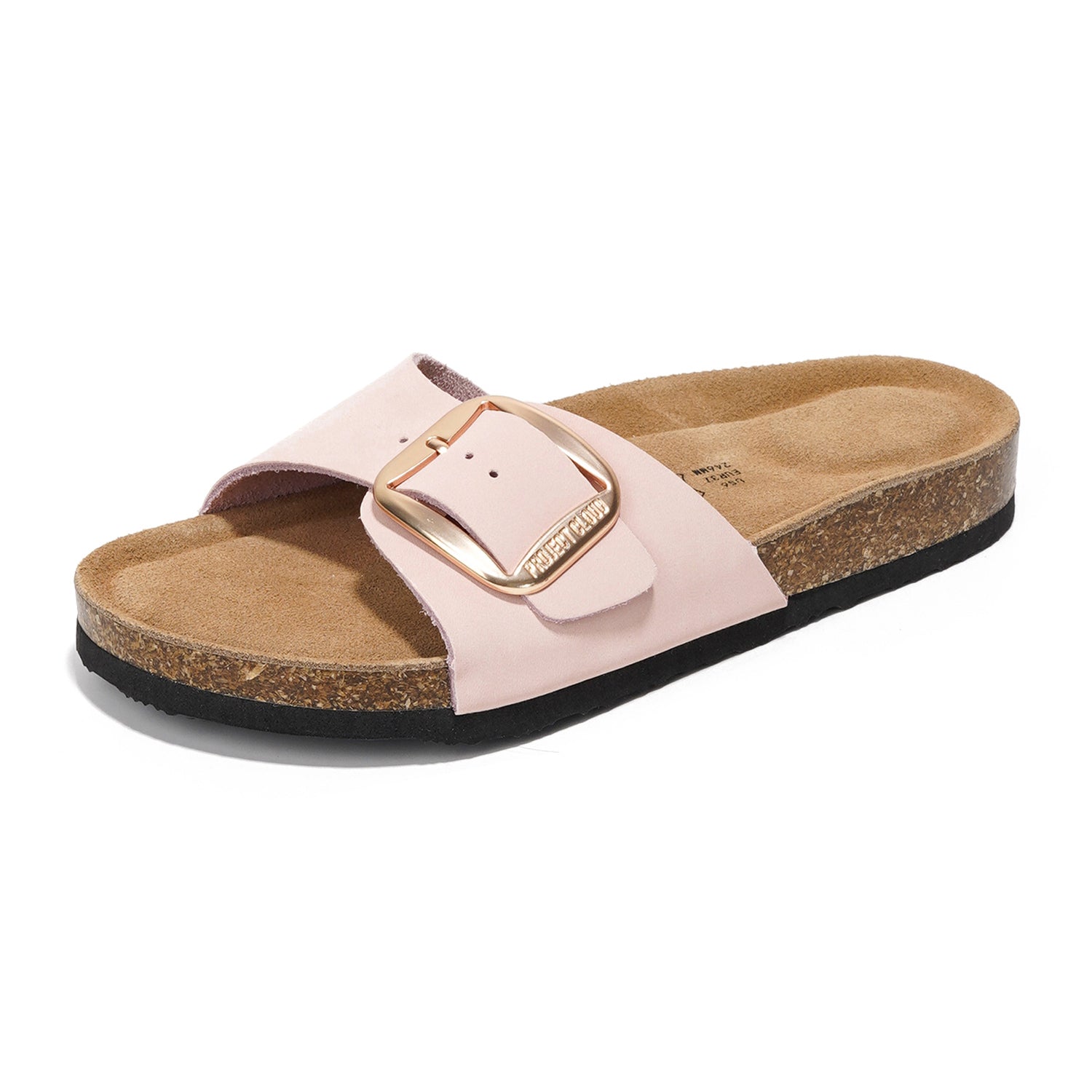 Project Cloud Mykonos leather sandals in light pink with gold buckle and cork footbed