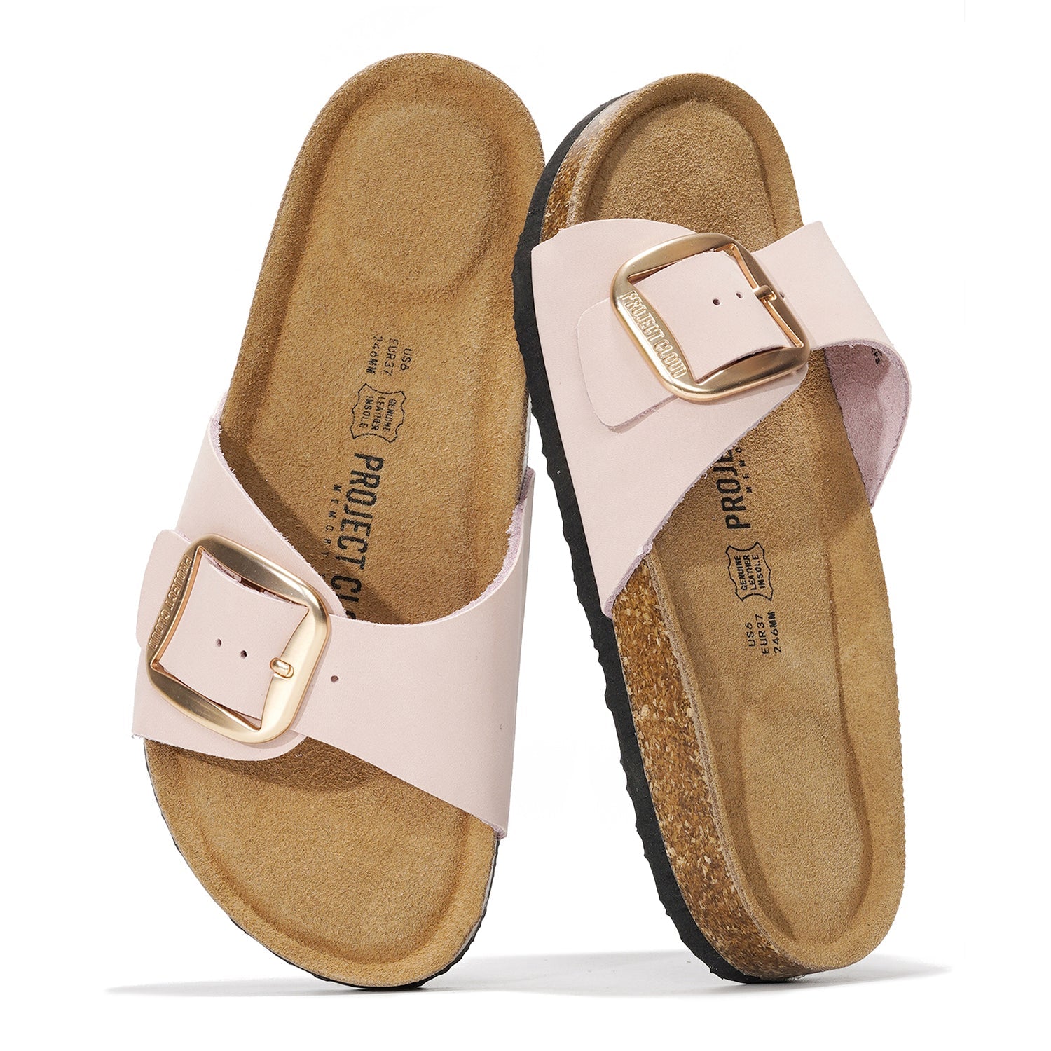Project Cloud light pink leather sandals with gold buckle and cork footbed