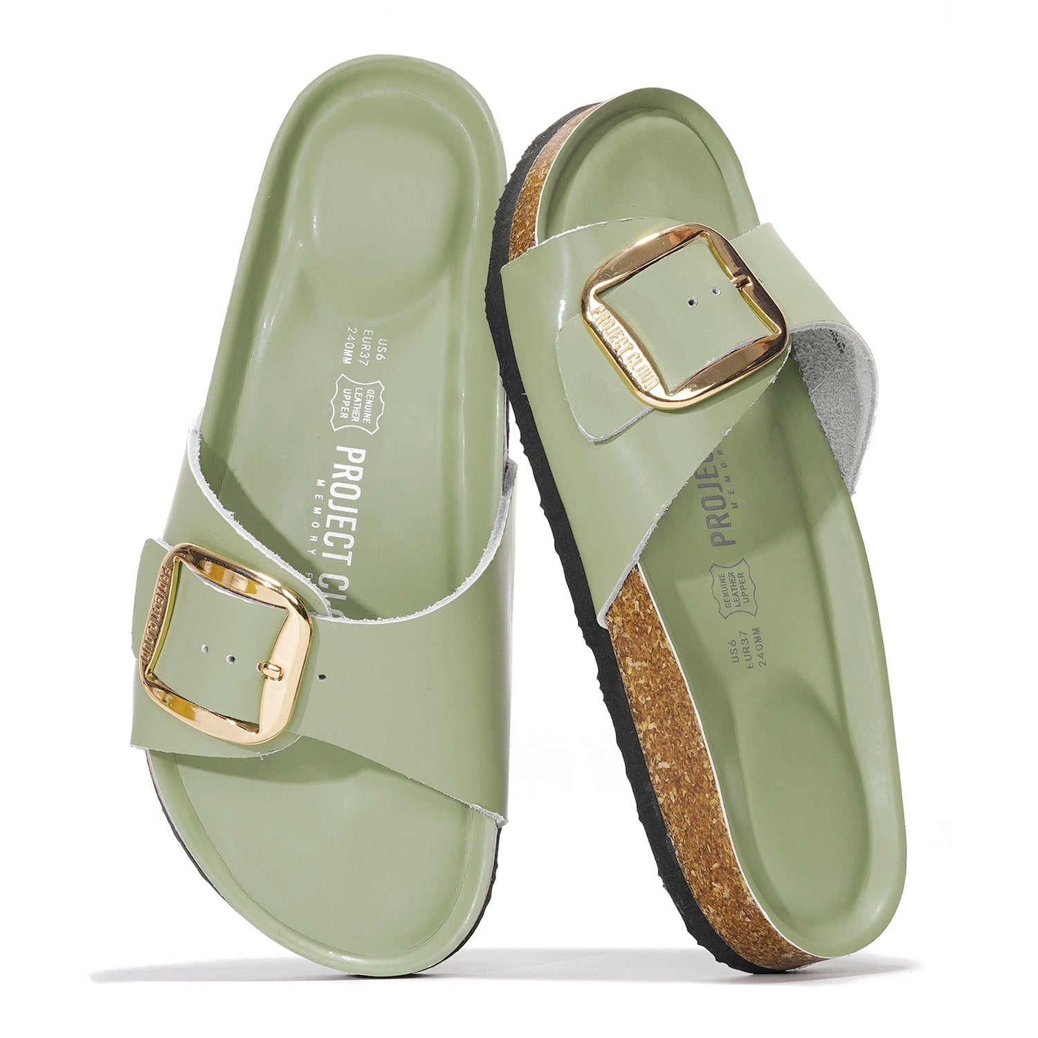 Project Cloud Mykonos green leather sandals with gold buckle, cork footbed, summer beach footwear.