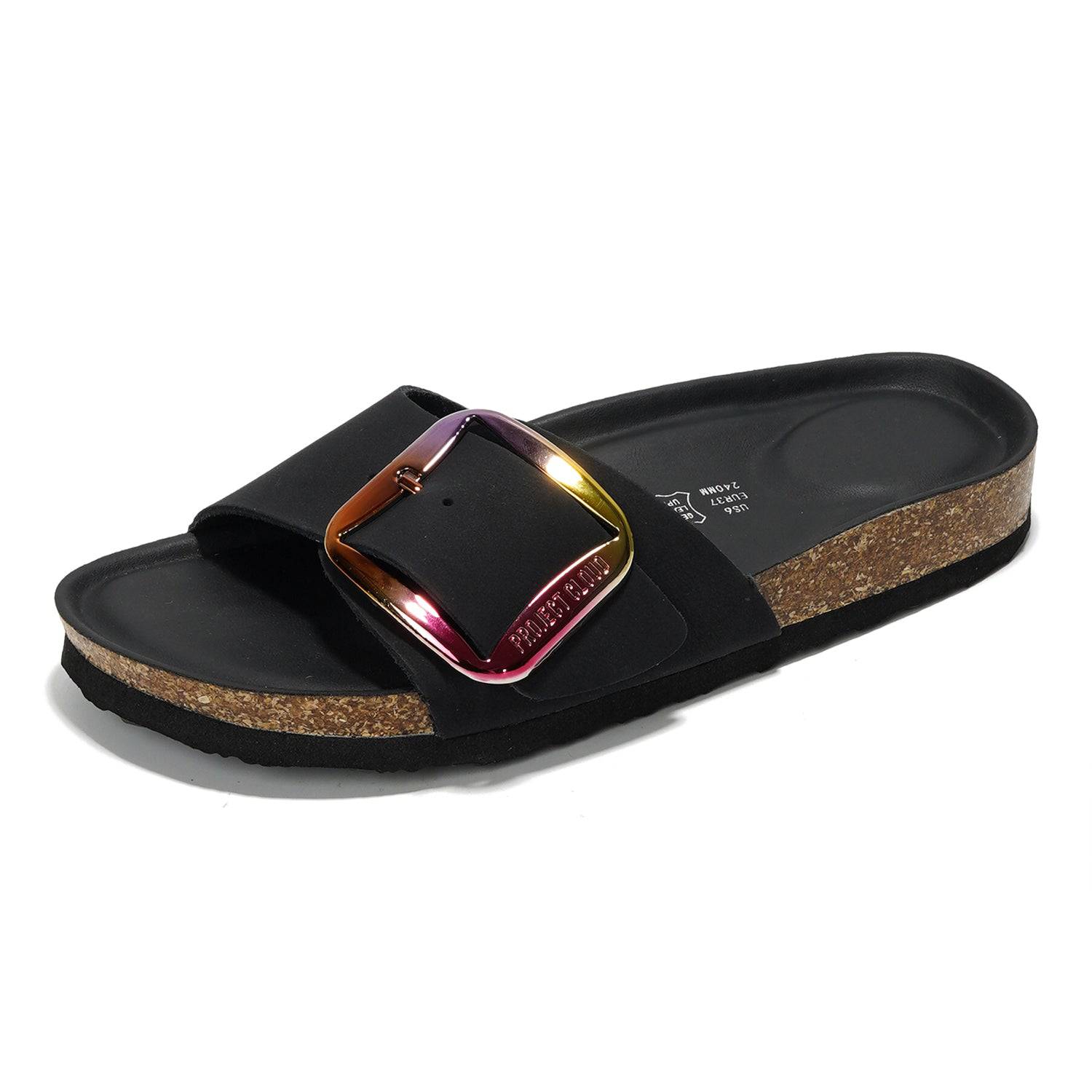 Project Cloud Mykonos leather sandals with iridescent buckle, cork footbed, featuring the brand logo
