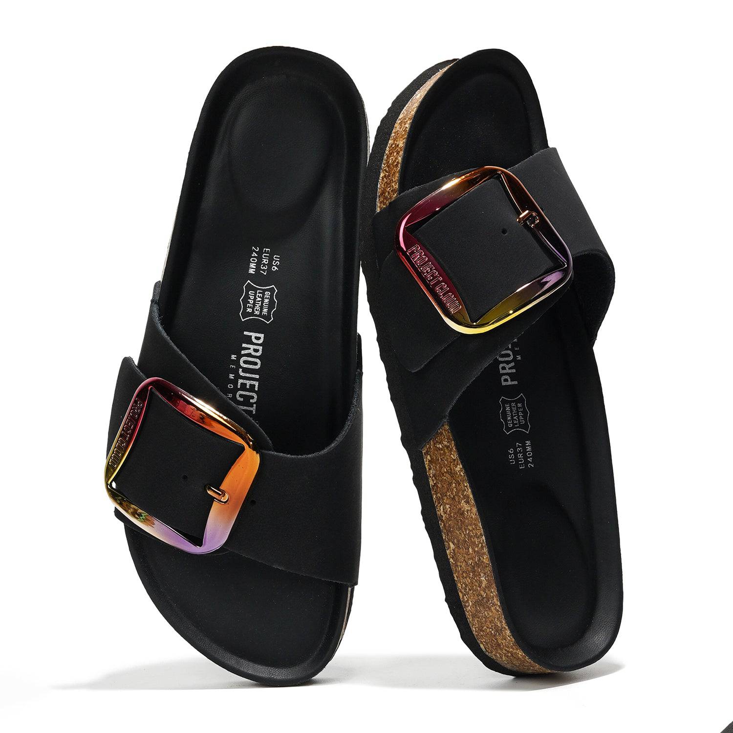 Project Cloud Mykonos Women's leather sandals with a large iridescent buckle, cork footbed, genuine leather upper