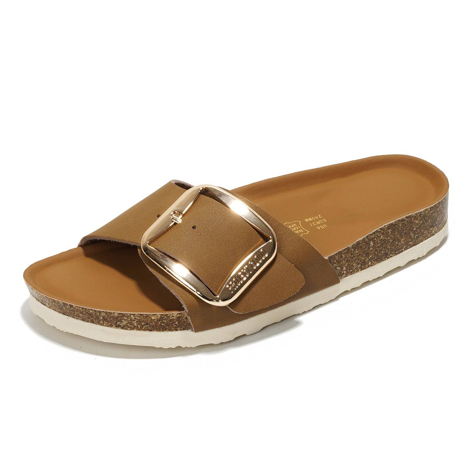 Project Cloud Mykonos brown leather sandals with gold buckle, cork footbed.