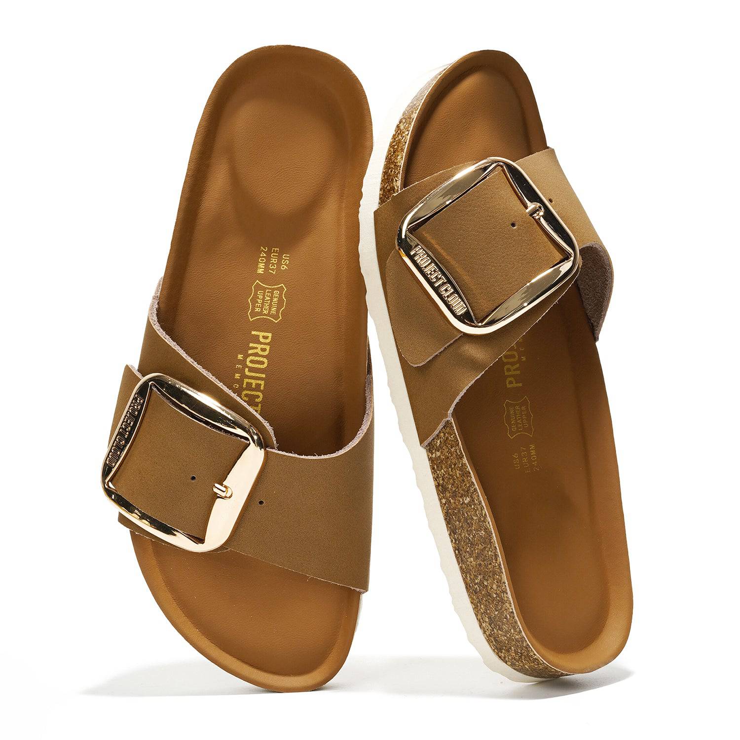 Project Cloud Mykonos leather sandals, brown, gold buckle, cork footbed, summer beach