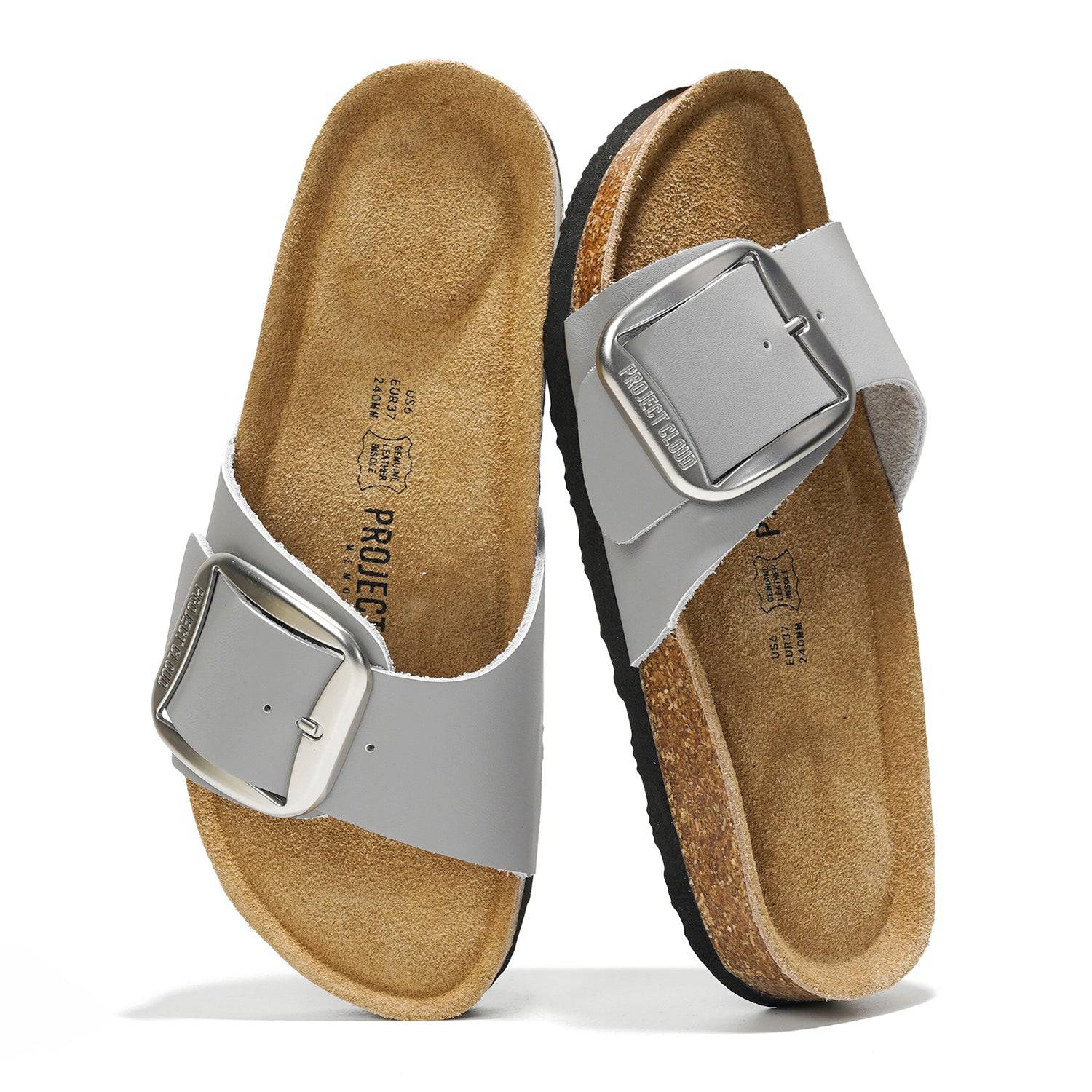 Project Cloud Mykonos leather sandals in gray with a large buckle, cork footbed, perfect for summer.
