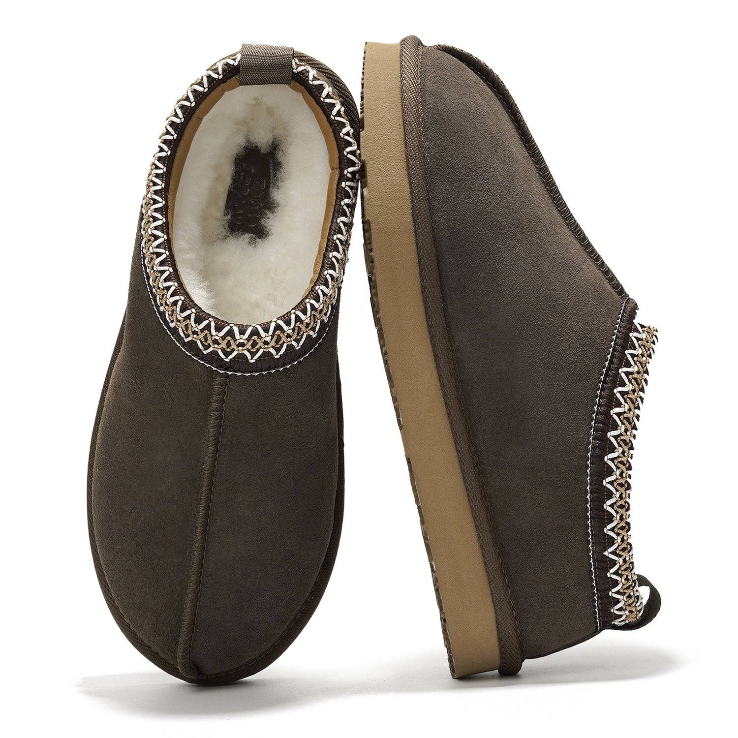 Project Cloud Nerita Slipper: Brown sheepskin fur women's slipper with memory foam, shearling lining and decorative trim.