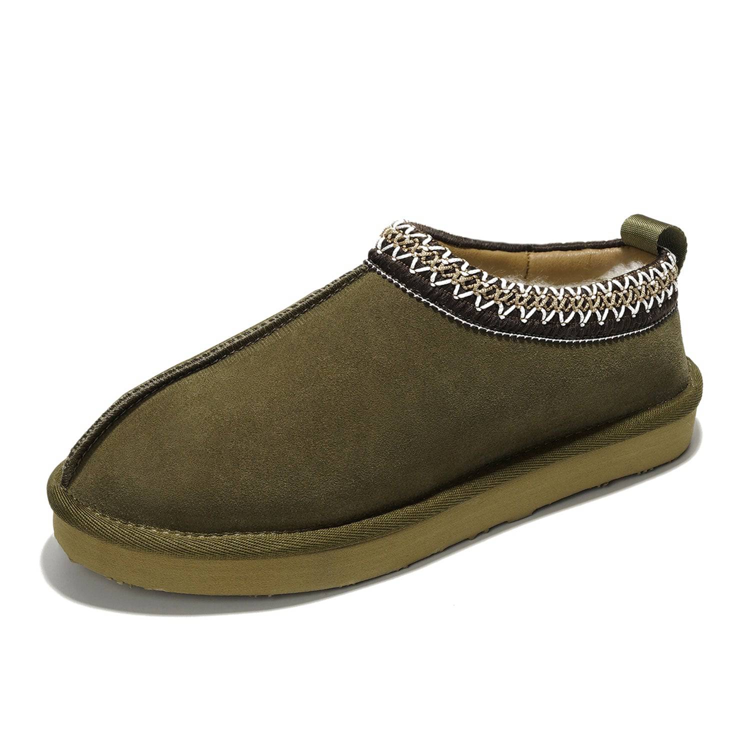 Project Cloud Nerita Olive Green Slipper: Genuine sheepskin fur fuzzy women's slipper, memory foam.