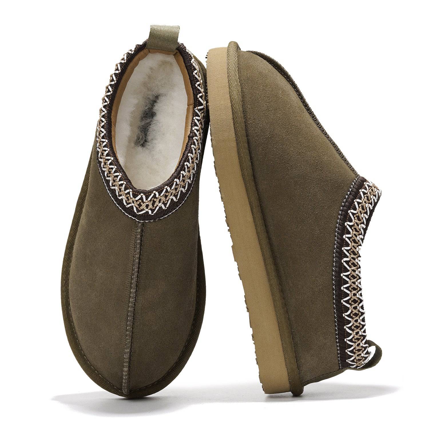 Project Cloud Nerita Women's Slipper in Olive Green: Genuine sheepskin and shearling fur fuzzy slipper with memory foam.