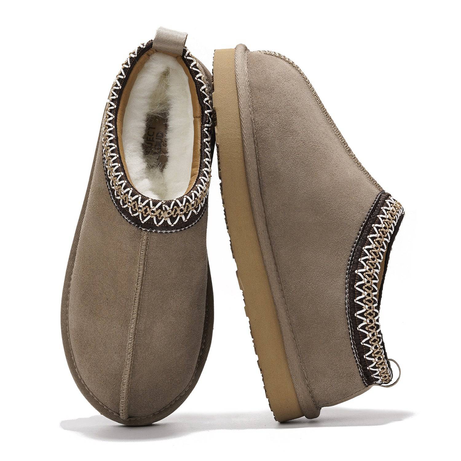 Taupe Nerita Slipper by Project Cloud: Sheepskin & shearling fur, memory foam, detailed stitching