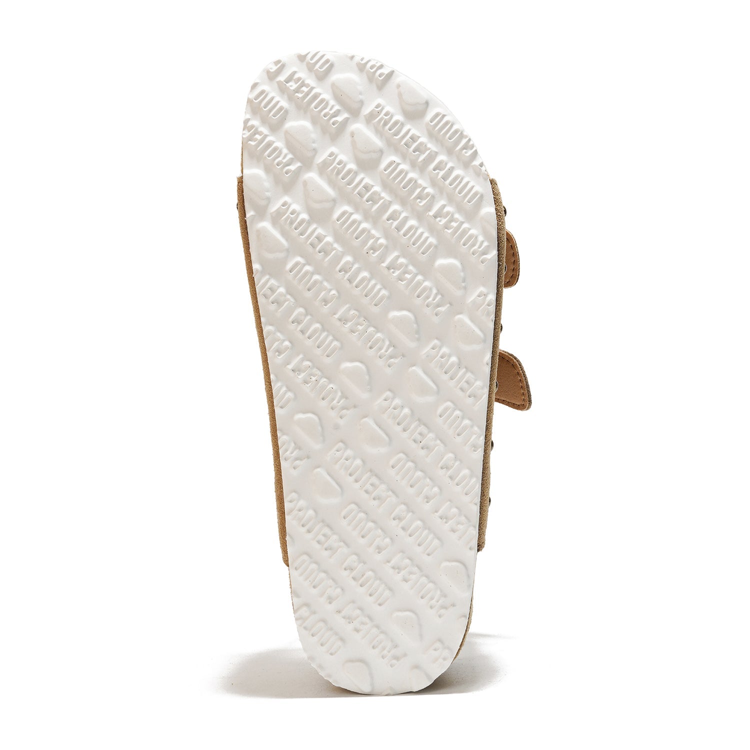 Project Cloud Oliy sandal sole with white rubber and embossed branding, leather straps, suede, cork wedge platform for women.
