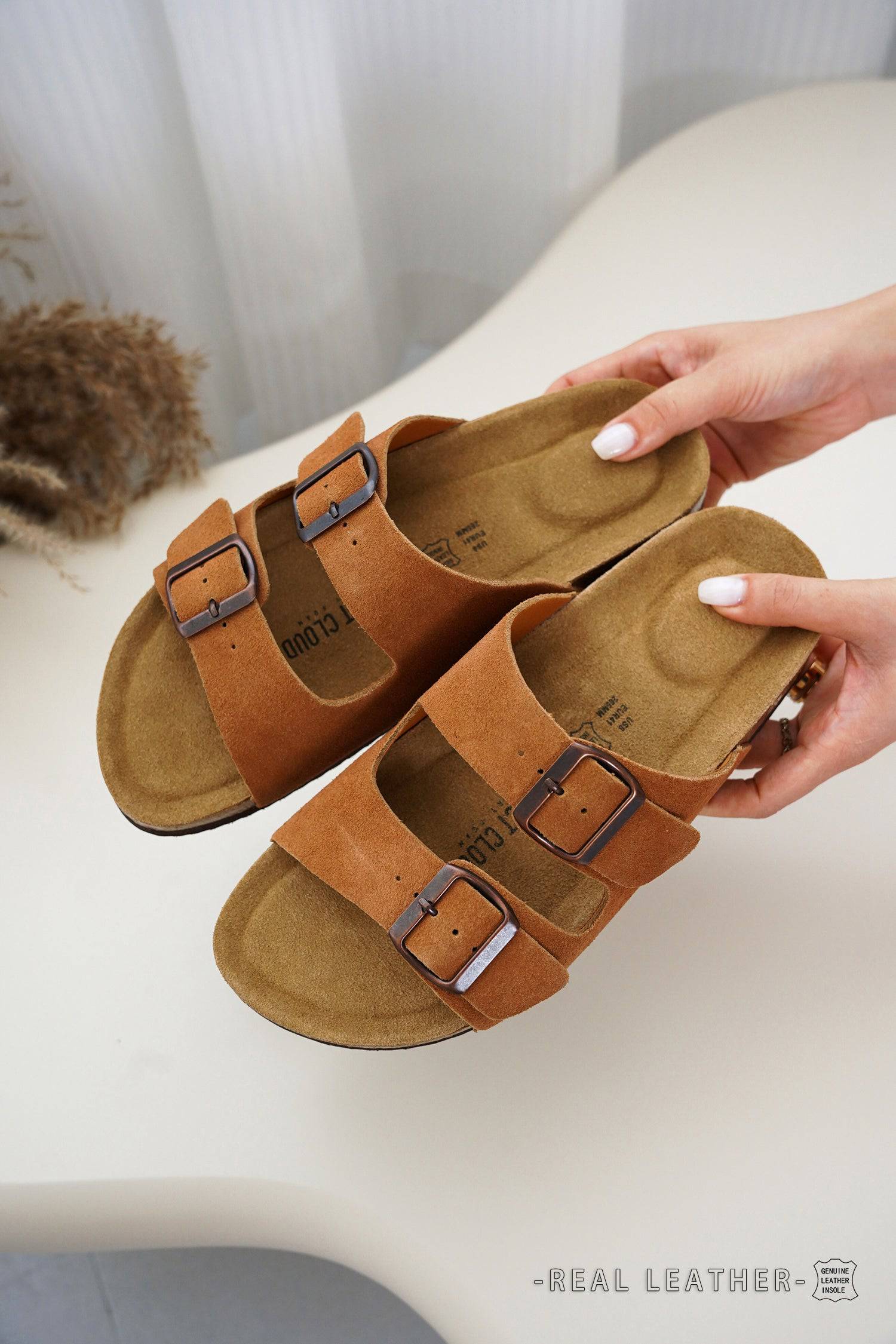 Project Cloud Men's Tan Leather Sandals with Cork Footbed, Double Buckle, REAL LEATHER.