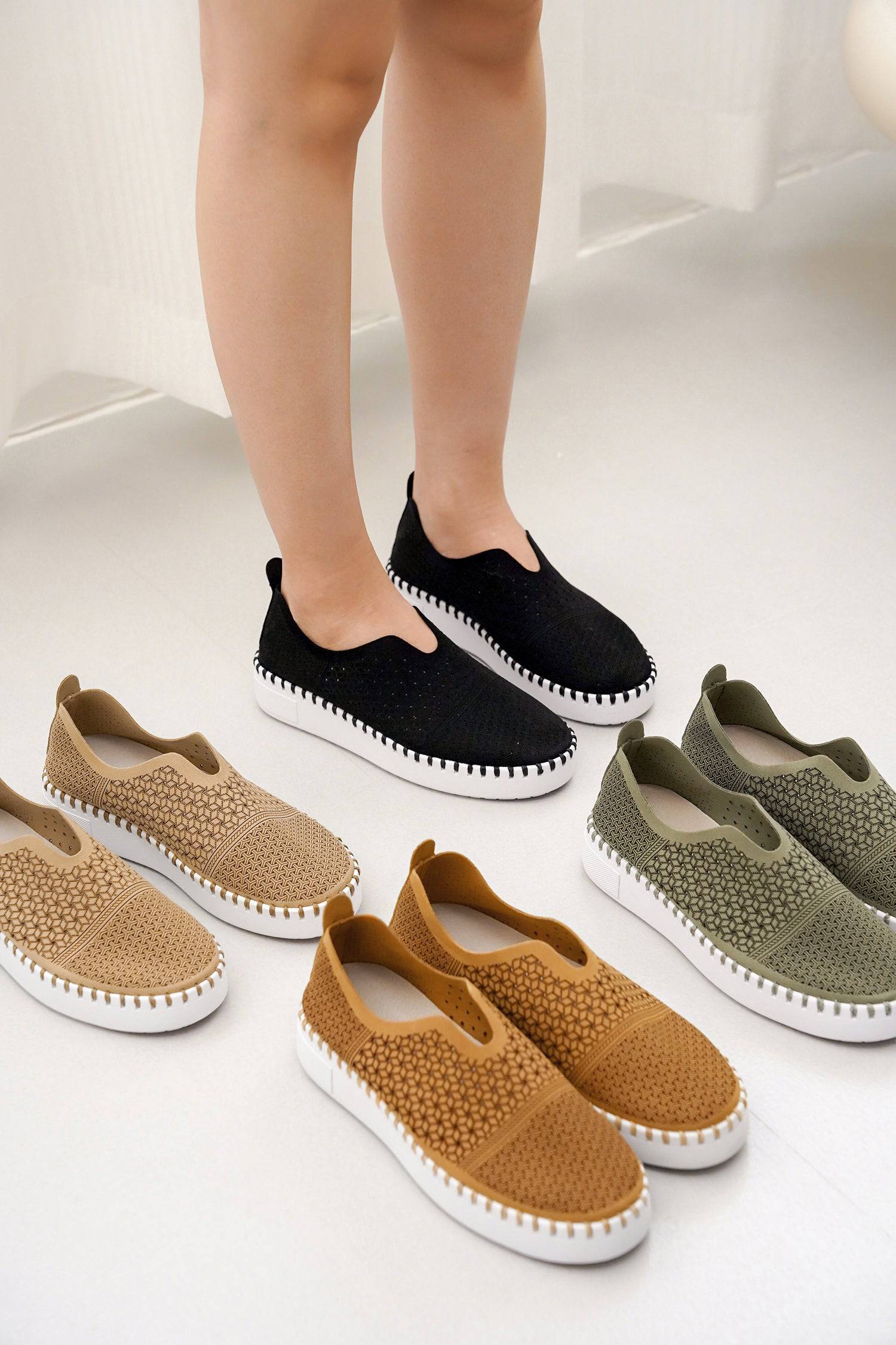 Aster Women's slip-on sneakers, breathable knit, white sole, sockless wear, multiple colors.