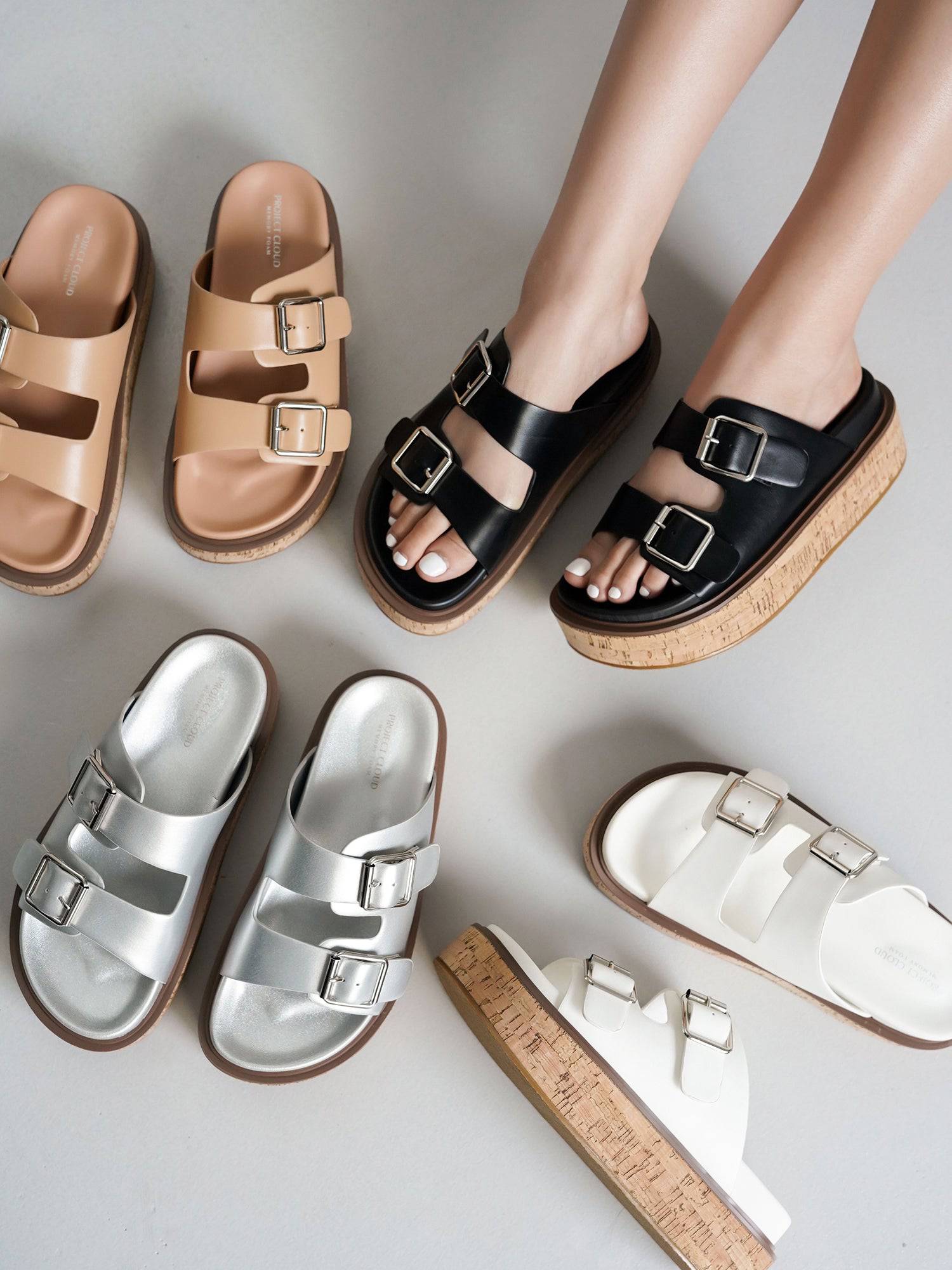 Women's vegan leather wedge sandals by Project Cloud, cork platform, multiple colors available.