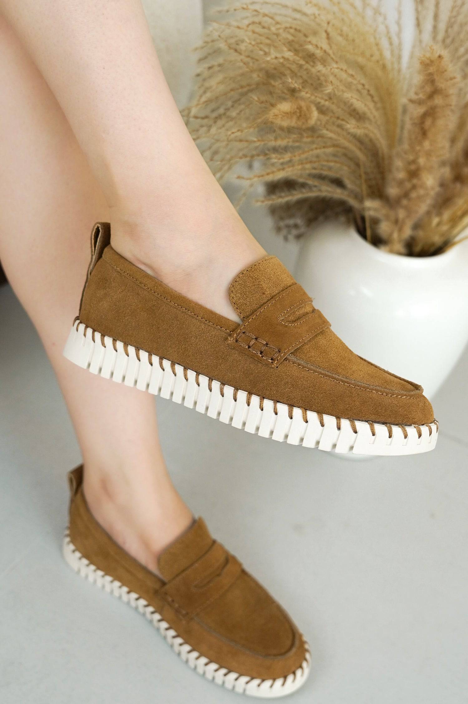 Project Cloud brown suede loafers for women with white sole and memory foam insole.