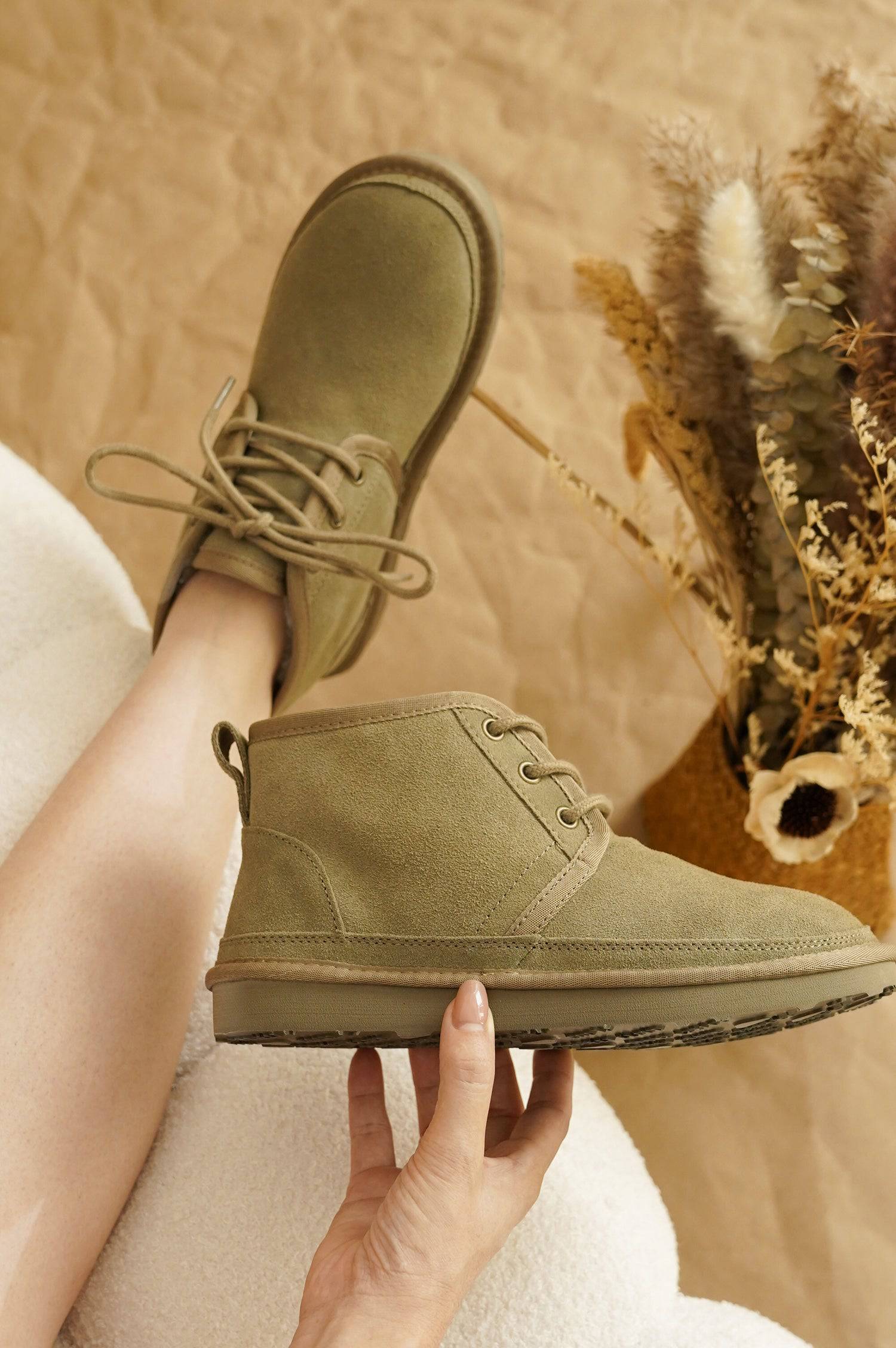 Project Cloud Julee women's suede ankle boots, olive green winter booties, memory foam and non-slip sole.