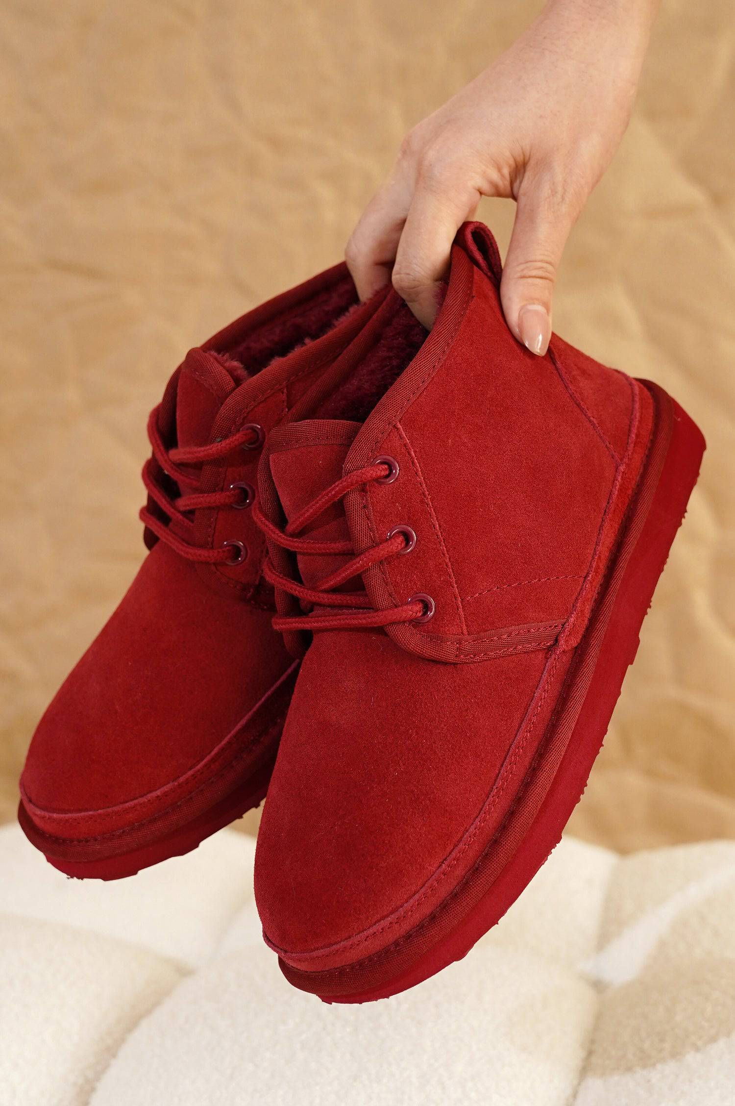 Project Cloud Julee red suede ankle boots for women, fur-lined winter booties with memory foam and non-slip sole