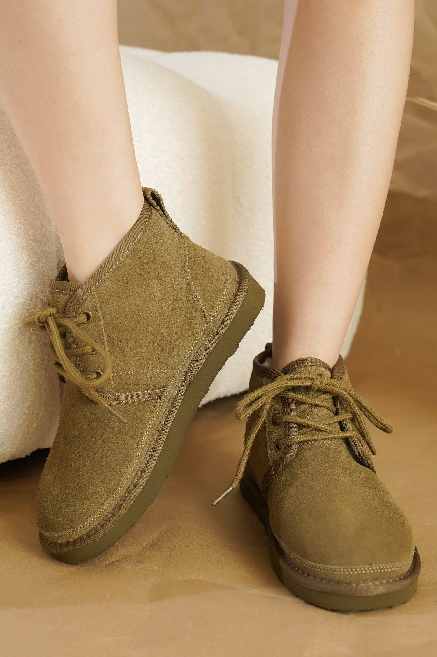 Project Cloud Julee women's suede ankle boots in olive green. Featuring genuine suede, lace-up design, and non-slip sole.