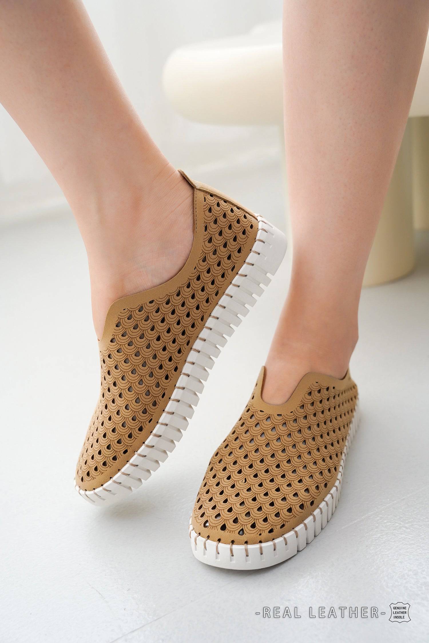 Tan perforated leather women's loafers with white sole. Comfortable slip-on flats. Real leather insole.