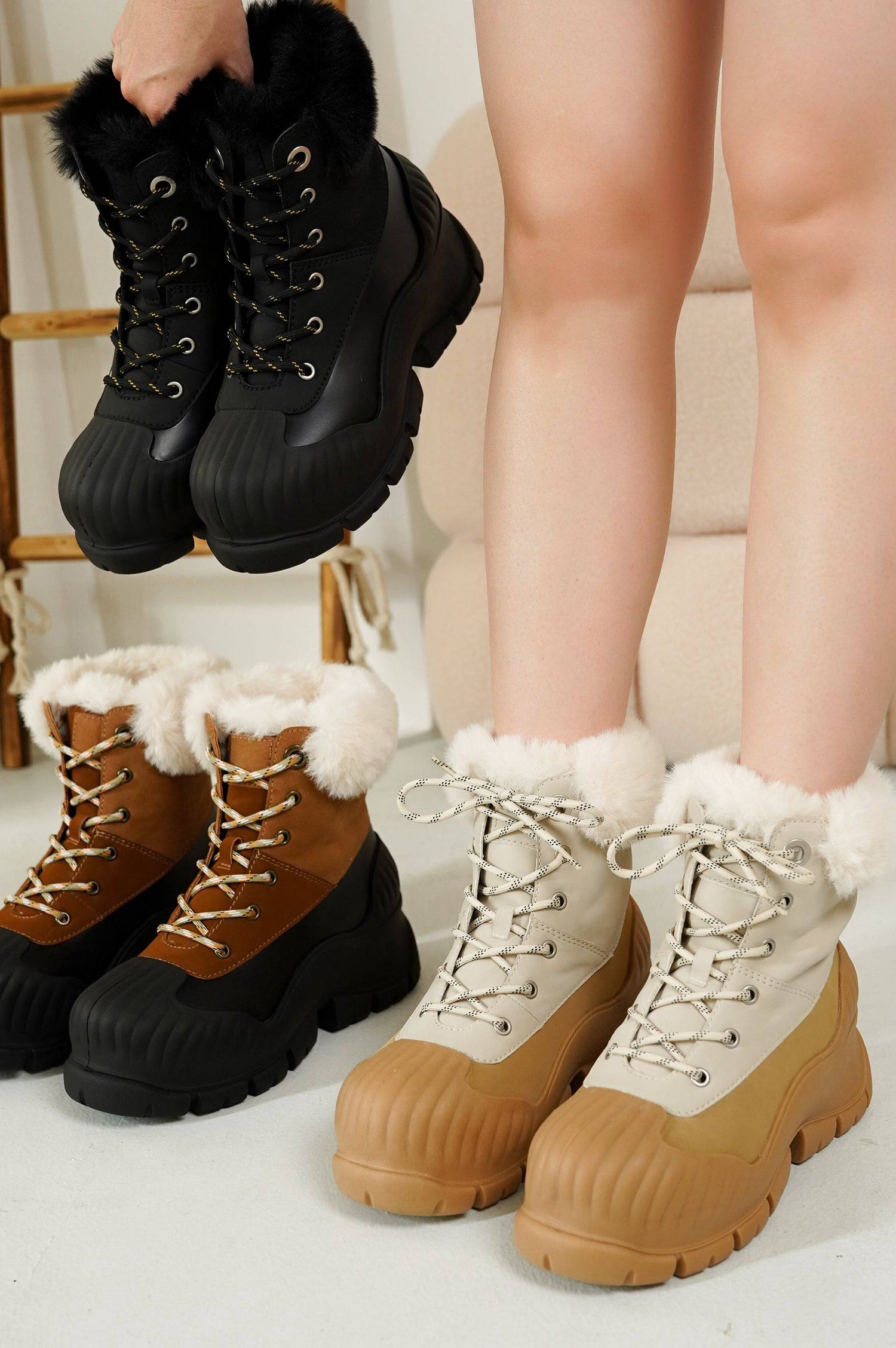 Lydia Winter Boots by Project Cloud: Beige, brown, and black waterproof boots with faux fur trim and lace-up design.