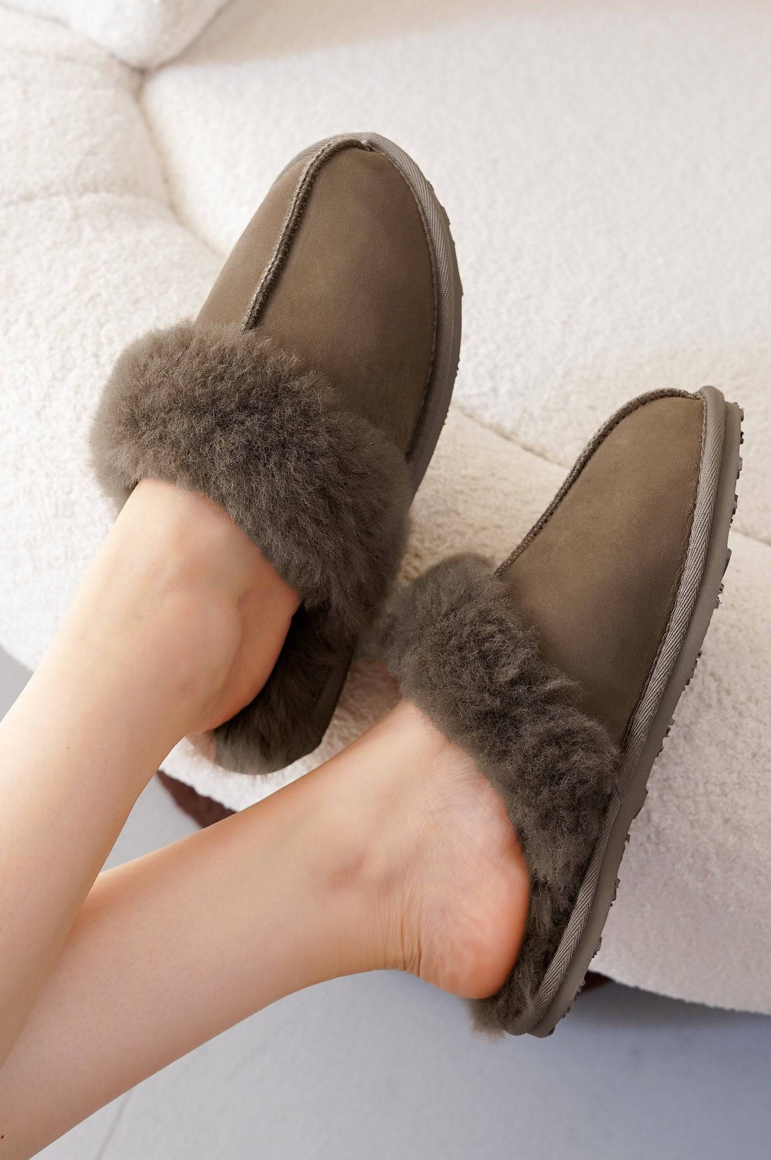 Project Cloud Lynsey Slipper in taupe suede with sheepskin fur lining, memory foam for comfort