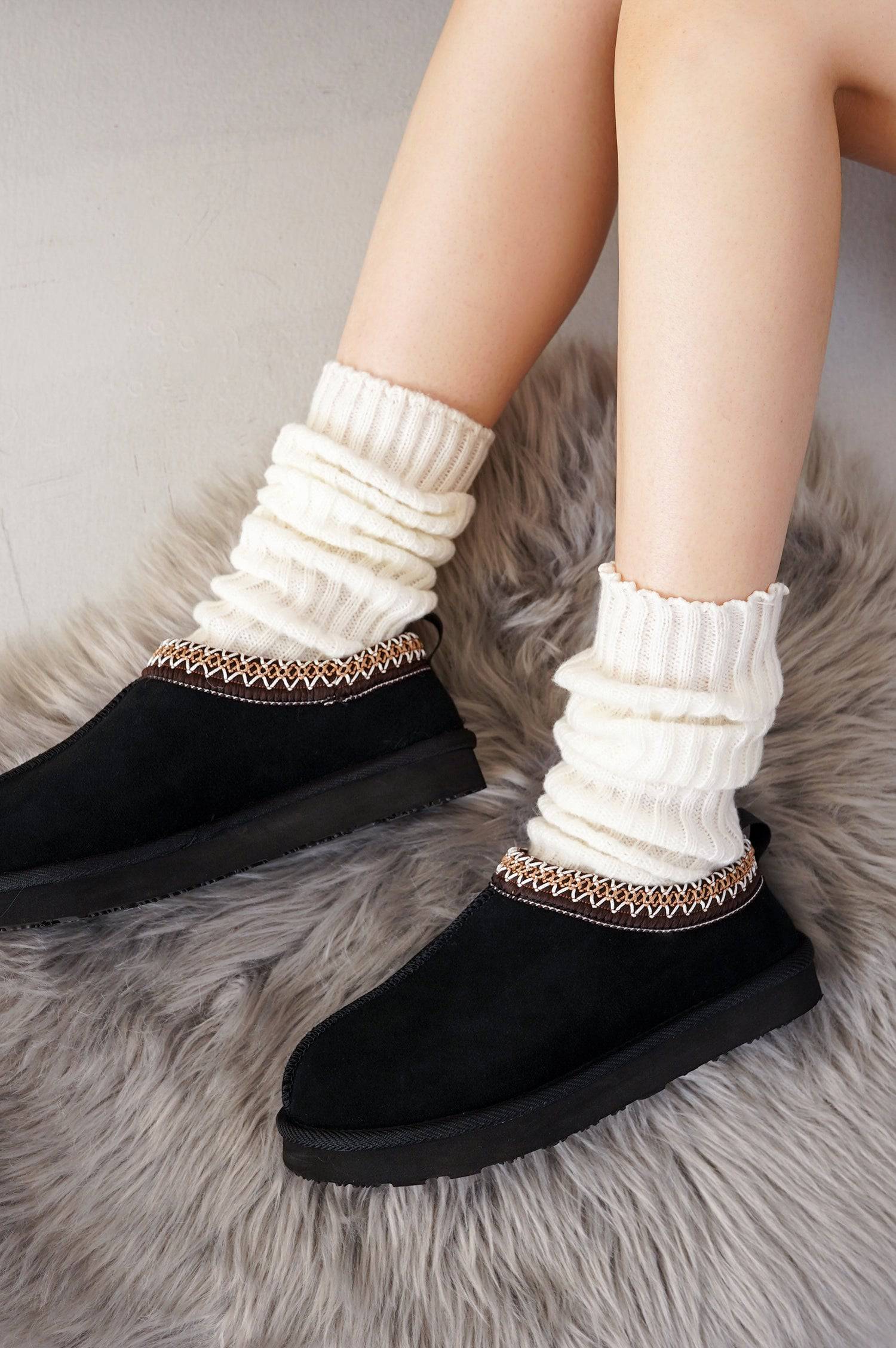 Black Project Cloud Nerita slipper with white leg warmers, sheepskin fur & memory foam.