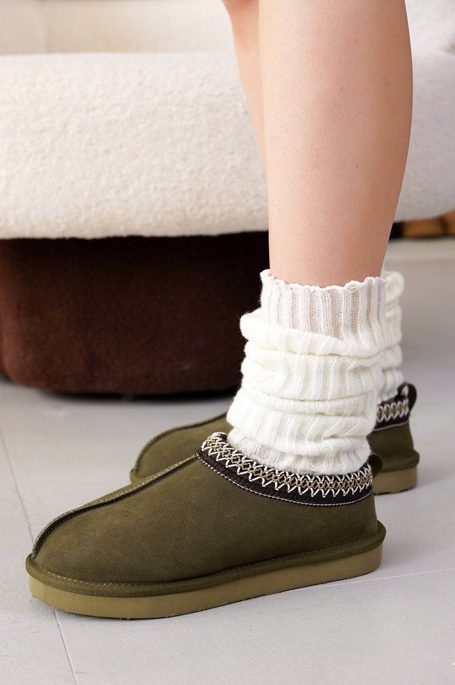 Project Cloud Nerita Olive Green Slipper: Genuine sheepskin fur women's slipper with decorative trim and white leg warmers
